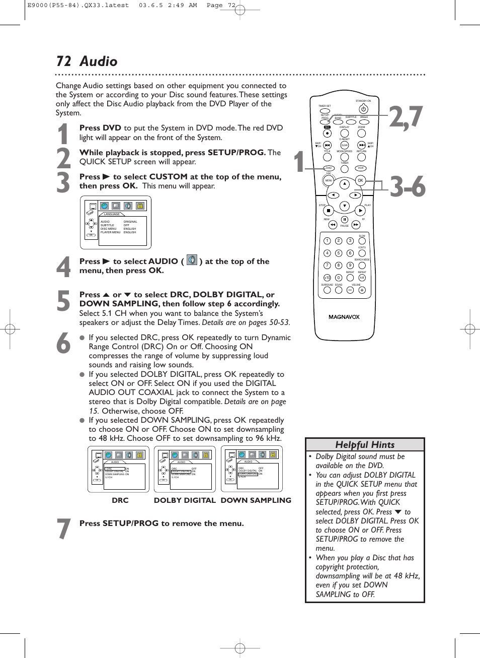 72 audio, Helpful hints, Press setup/prog to remove the menu | Philips Magnavox MRD500VR User Manual | Page 72 / 84