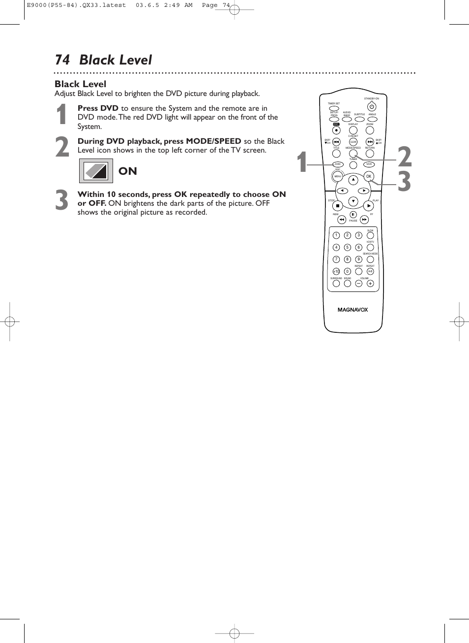 74 black level, Black level | Philips Magnavox MRD500VR User Manual | Page 74 / 84