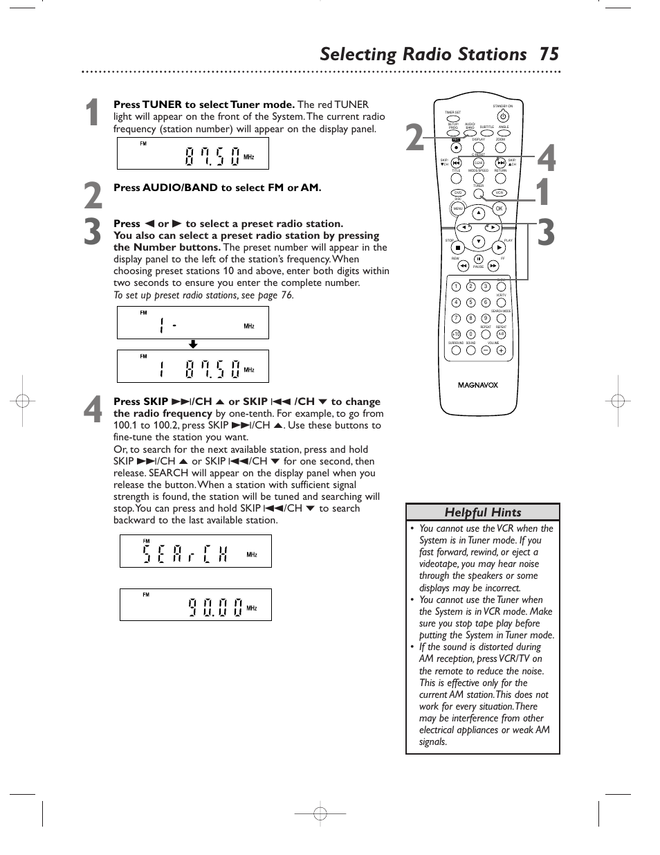 Selecting radio stations 75, Helpful hints | Philips Magnavox MRD500VR User Manual | Page 75 / 84