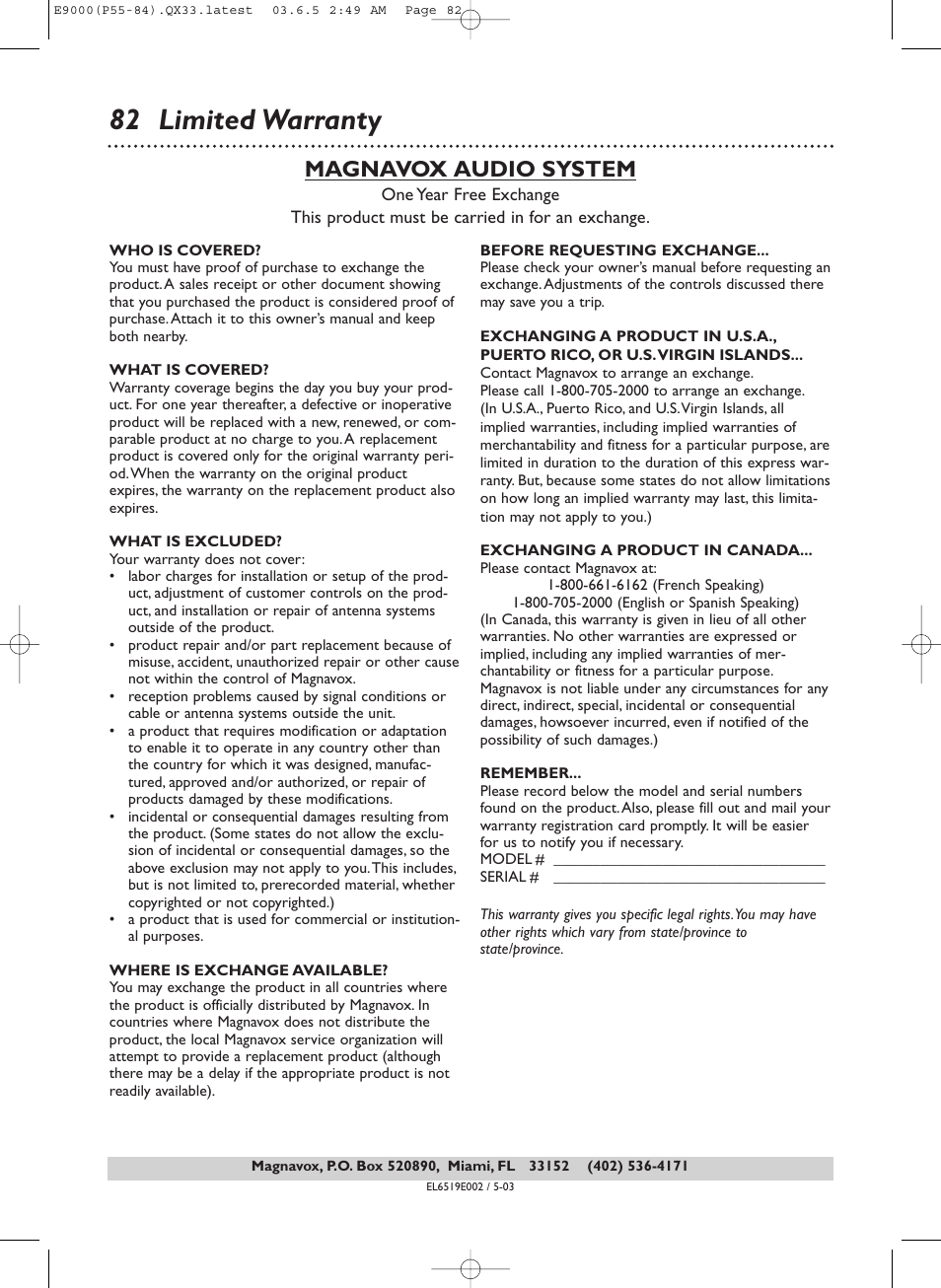 82 limited warranty, Magnavox audio system | Philips Magnavox MRD500VR User Manual | Page 82 / 84