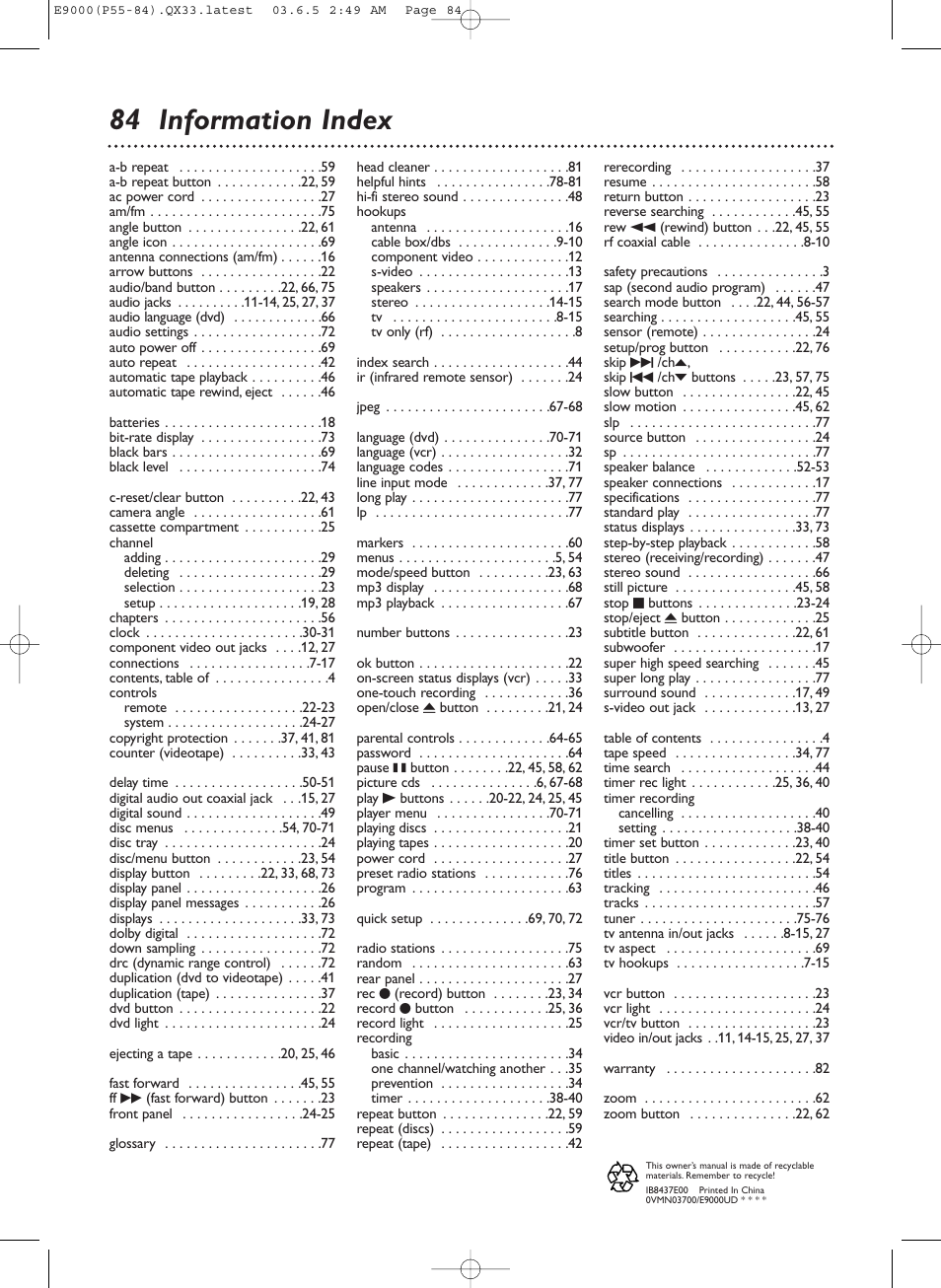 84 information index | Philips Magnavox MRD500VR User Manual | Page 84 / 84