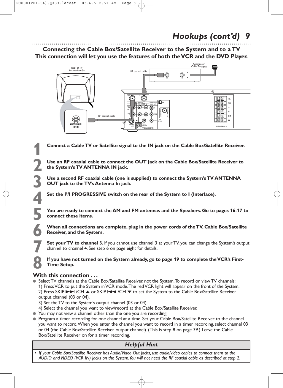 Hookups (cont’d) 9, Helpful hint, With this connection | Philips Magnavox MRD500VR User Manual | Page 9 / 84