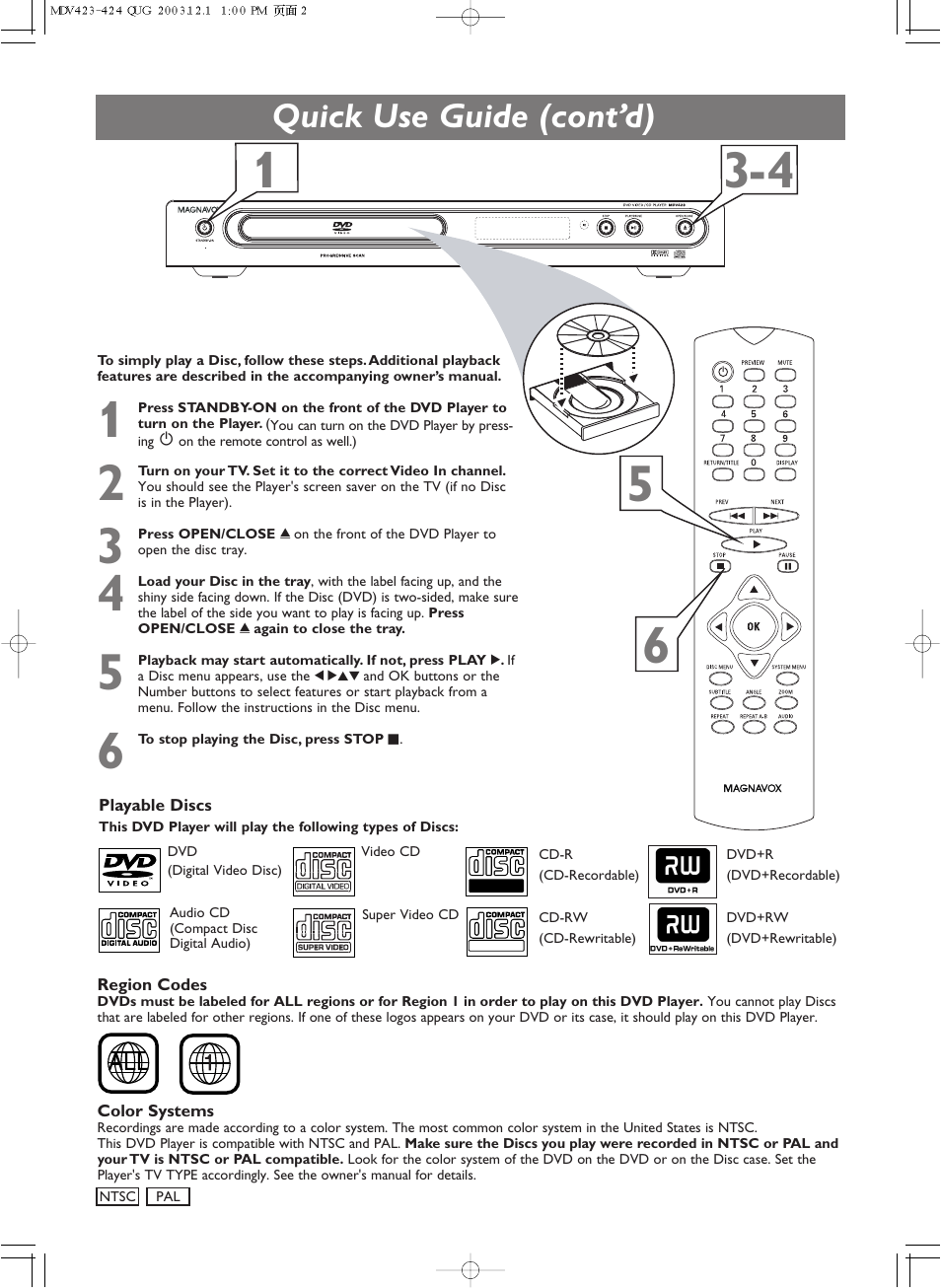 Quick use guide (cont’d) | Philips Magnavox MDV424 User Manual | Page 2 / 2