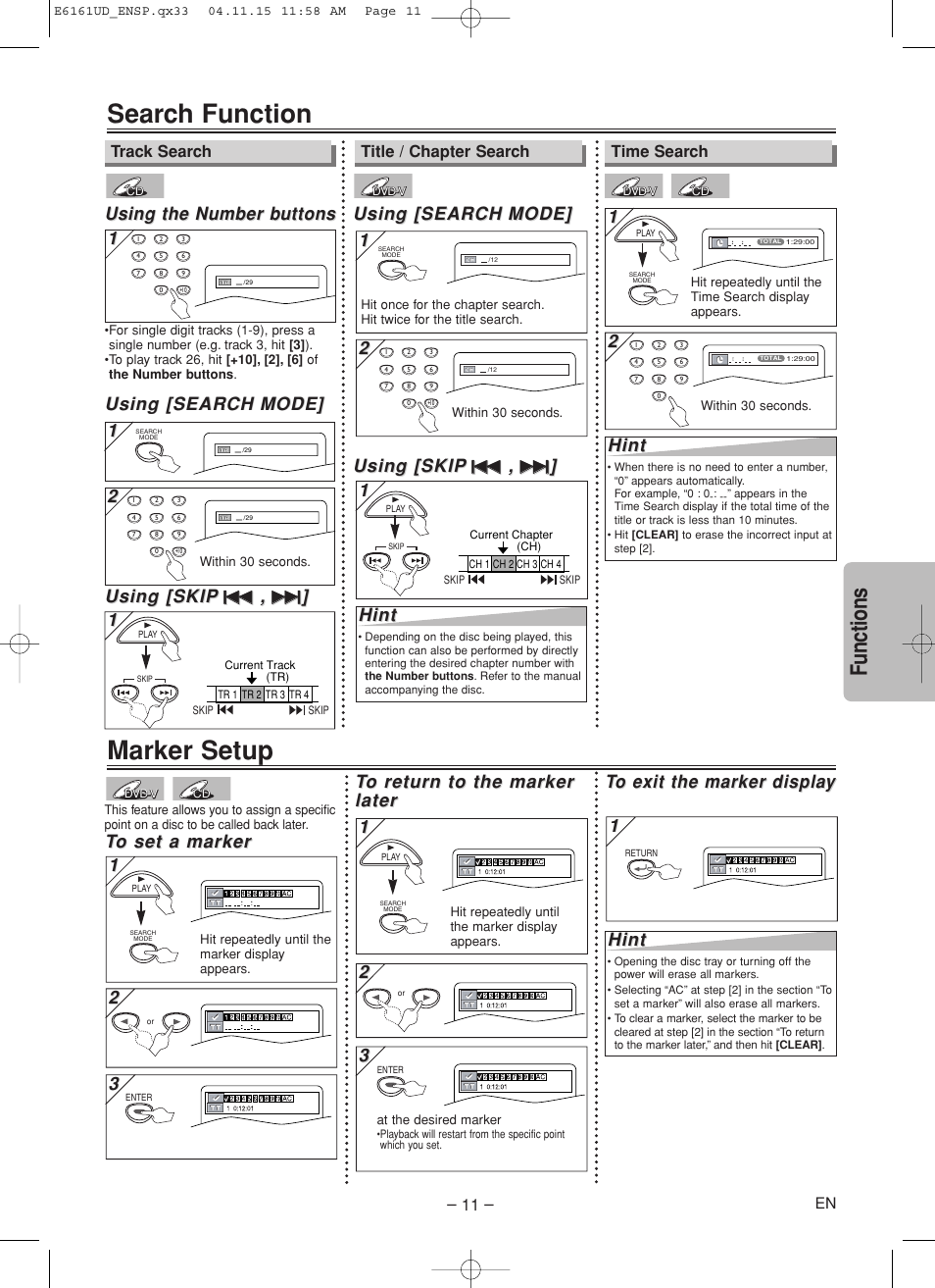 Search function, Marker setup, Functions | Using [search, Using [search mode] mode, Using the number b, Using the number b uttons uttons, Using [skip, Hint | Philips Magnavox MWD200F User Manual | Page 11 / 20