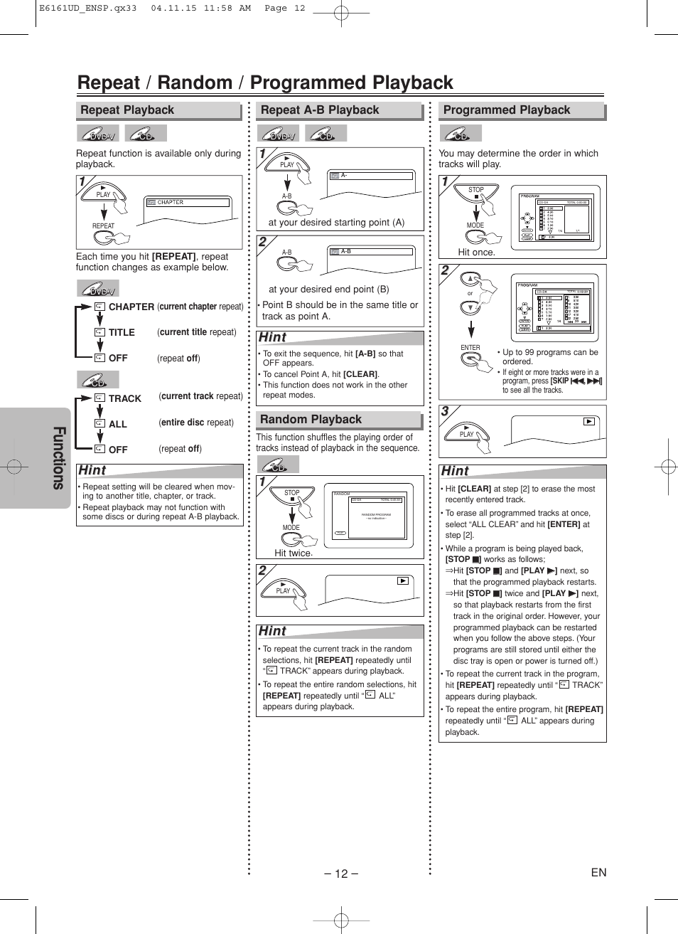 Repeat / random / programmed playback, Functions, Hint | Random playback | Philips Magnavox MWD200F User Manual | Page 12 / 20