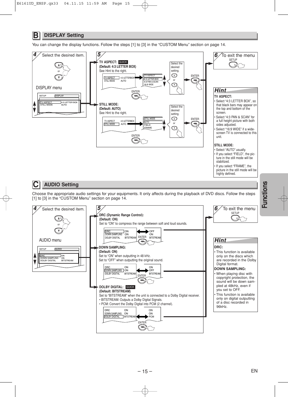 Functions, Hint, Display setting | Audio setting, Display menu, Audio menu | Philips Magnavox MWD200F User Manual | Page 15 / 20