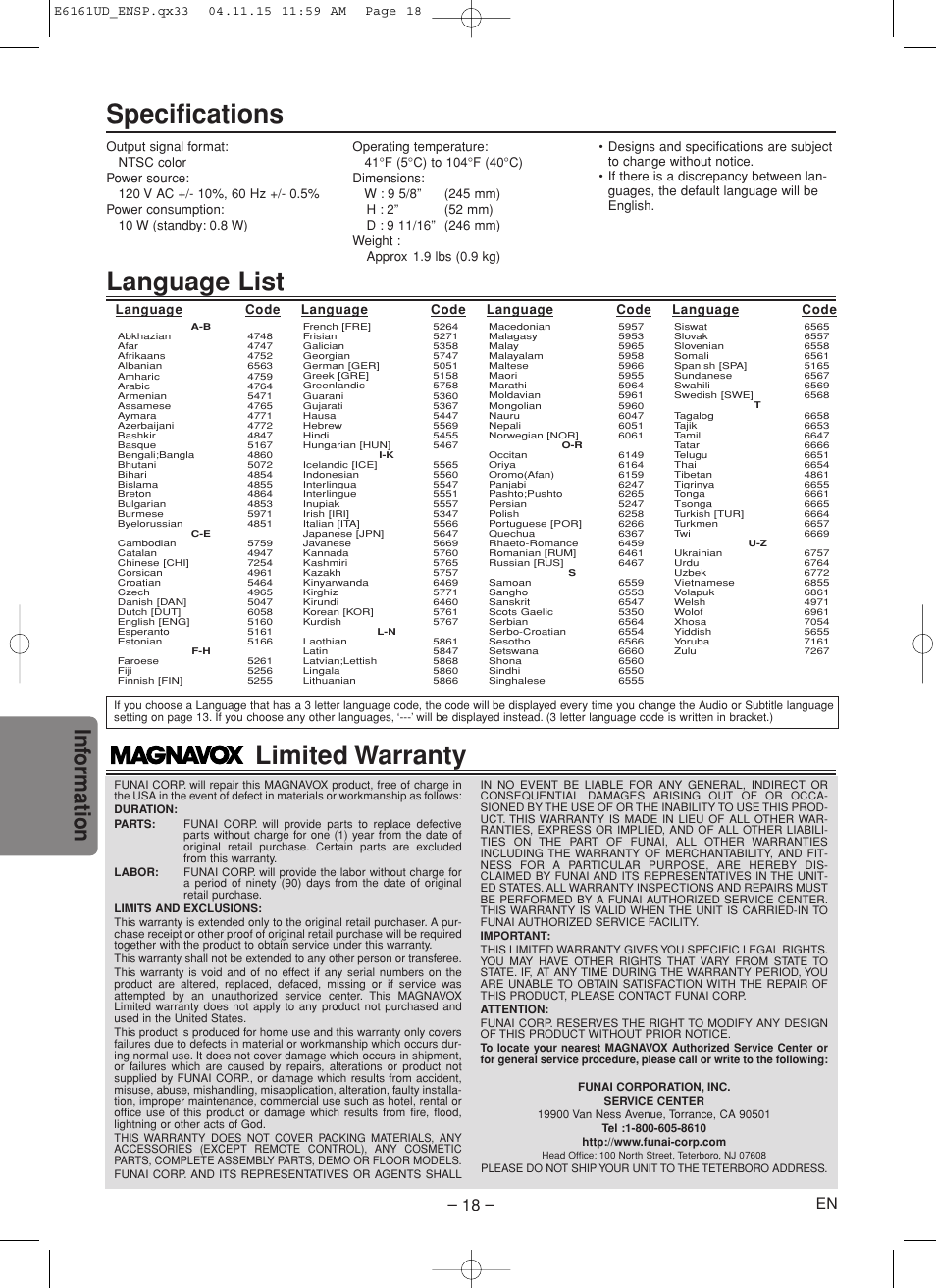 Language list, Specifications, Limited warranty | Inf ormation | Philips Magnavox MWD200F User Manual | Page 18 / 20