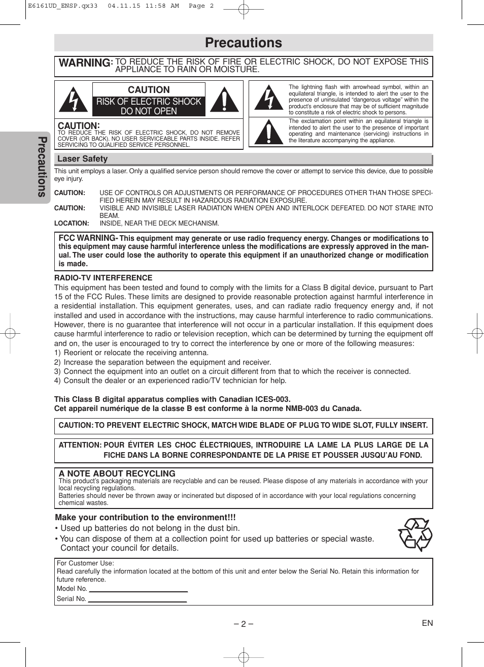 Precautions, Warning | Philips Magnavox MWD200F User Manual | Page 2 / 20