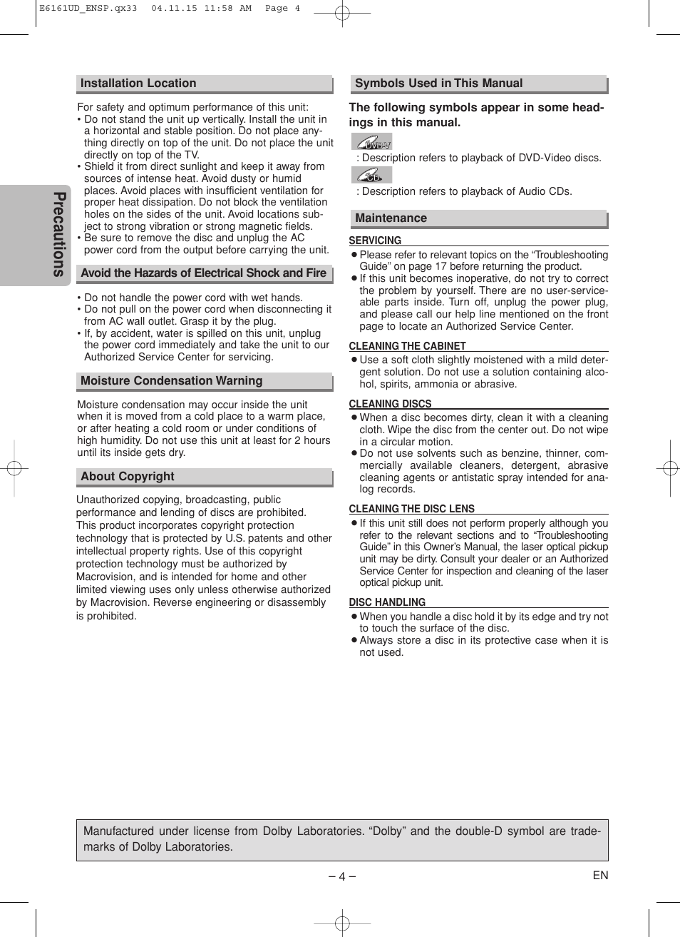 Precautions | Philips Magnavox MWD200F User Manual | Page 4 / 20