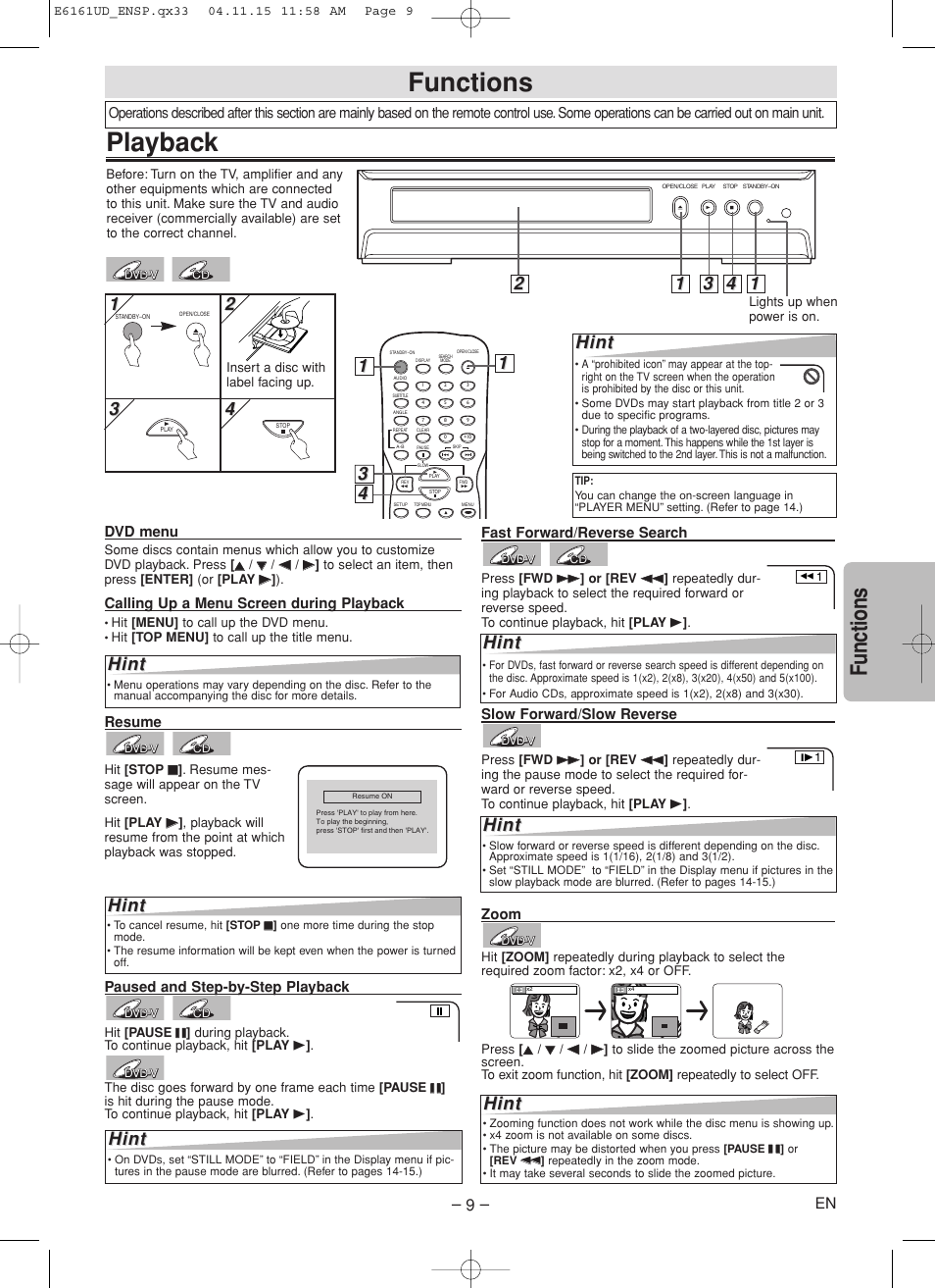 Playback, Functions, Hint | Philips Magnavox MWD200F User Manual | Page 9 / 20