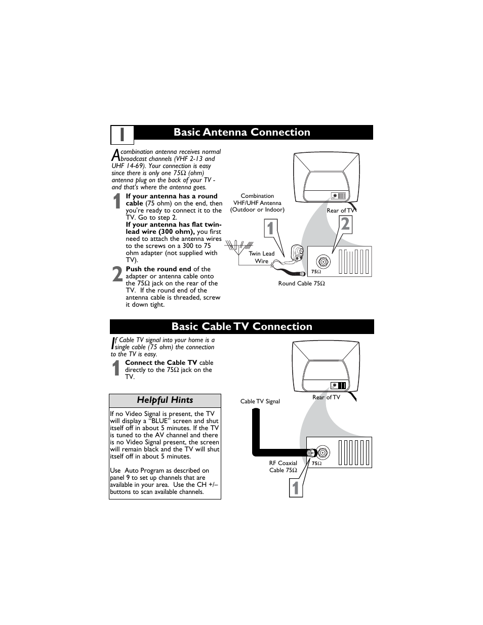 Basic cable tv connection basic antenna connection | Philips Magnavox 13MT1432/17 User Manual | Page 5 / 34