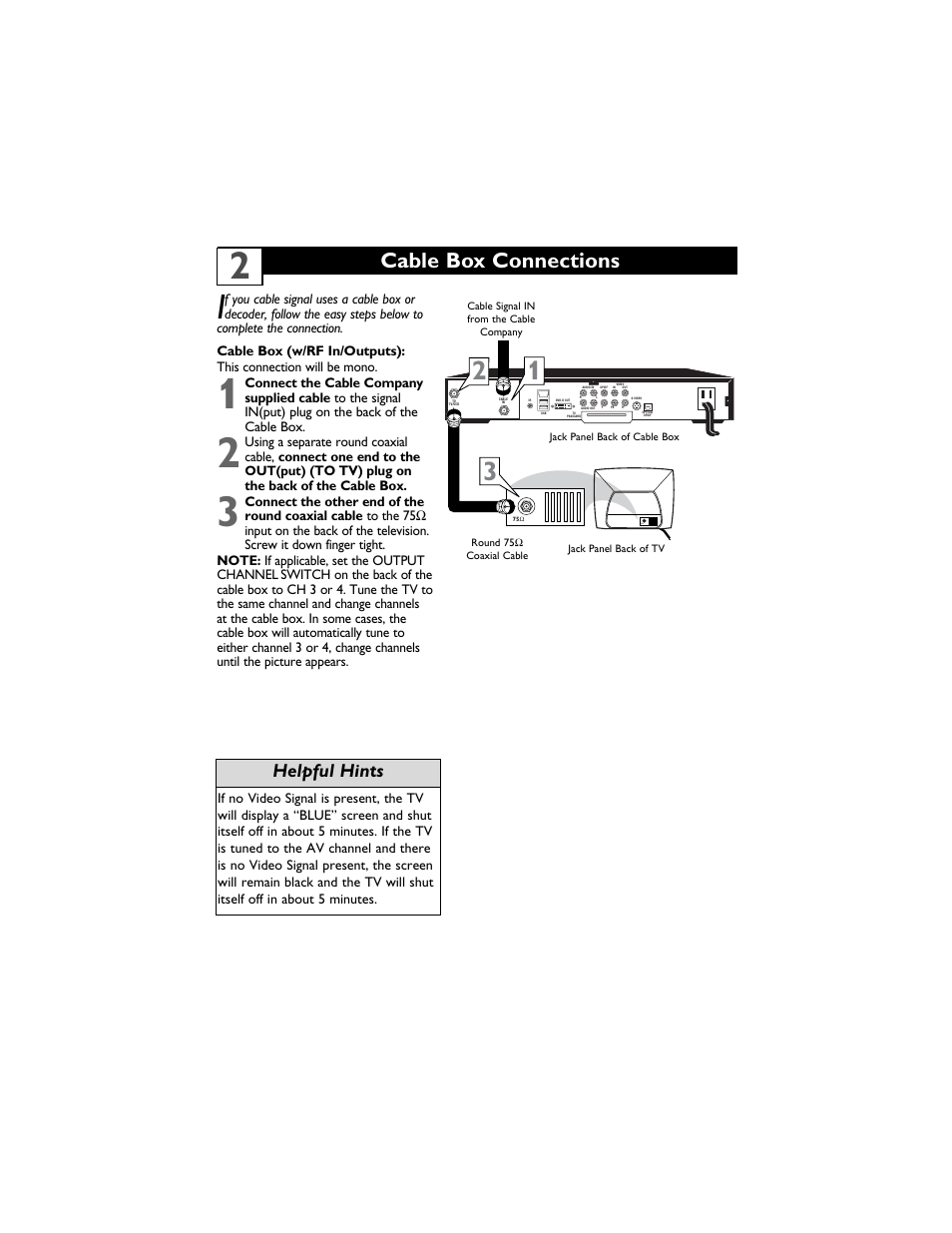 Cable box connections, Helpful hints | Philips Magnavox 13MT1432/17 User Manual | Page 6 / 34