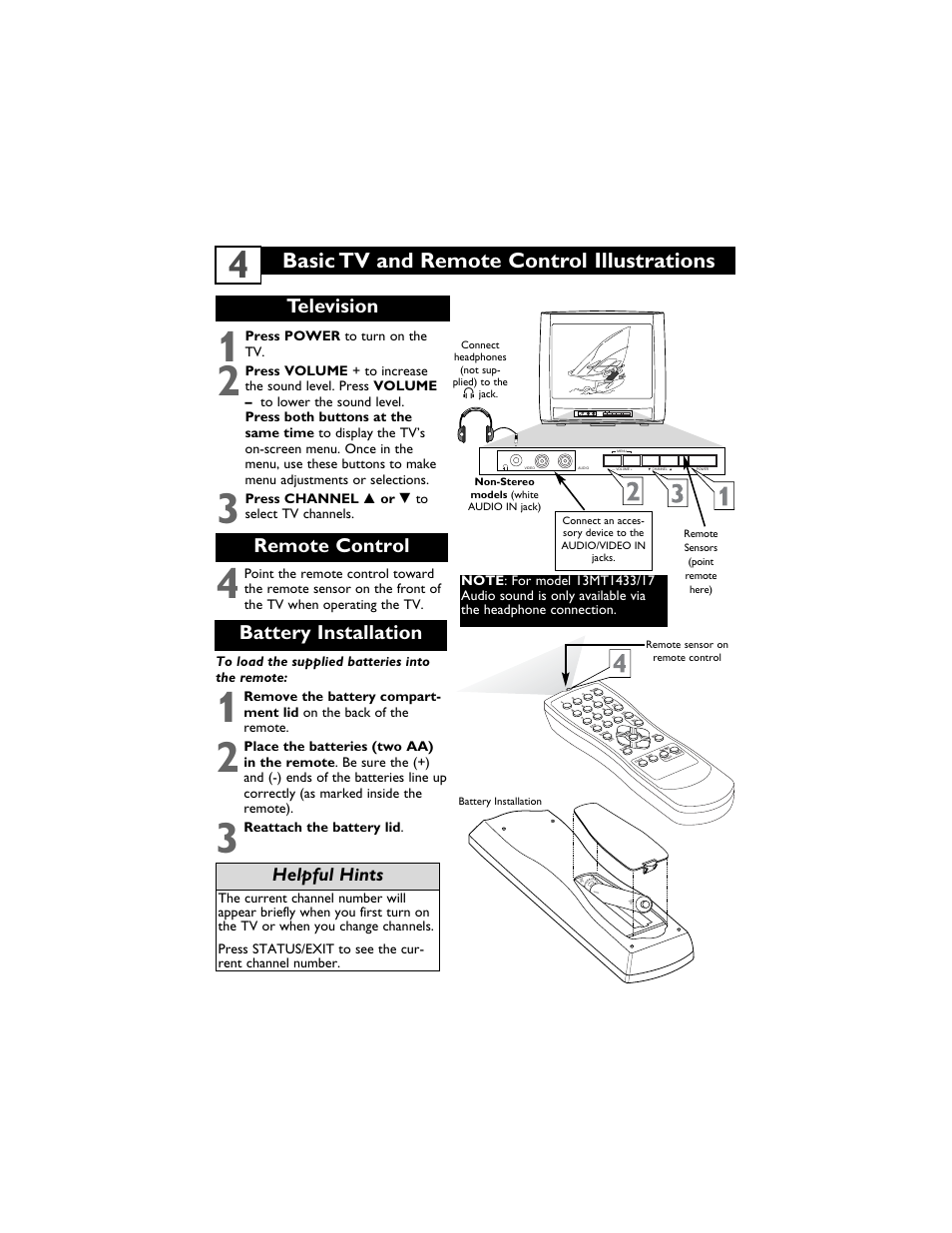 Basic tv and remote control illustrations, Television, Remote control | Battery installation, Helpful hints | Philips Magnavox 13MT1432/17 User Manual | Page 8 / 34