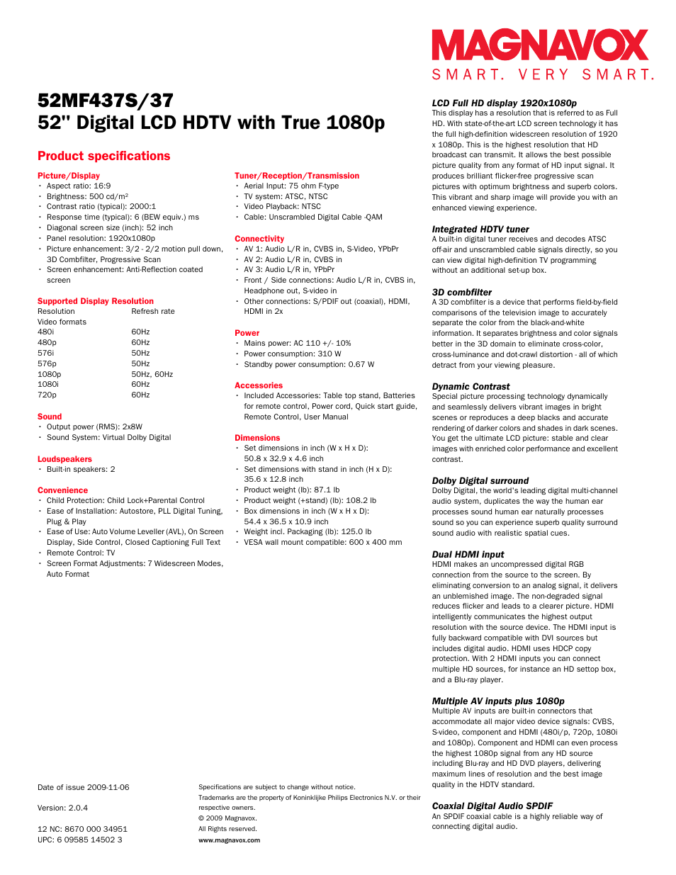 Product specifications | Philips Magnavox 52MF437S User Manual | Page 2 / 2