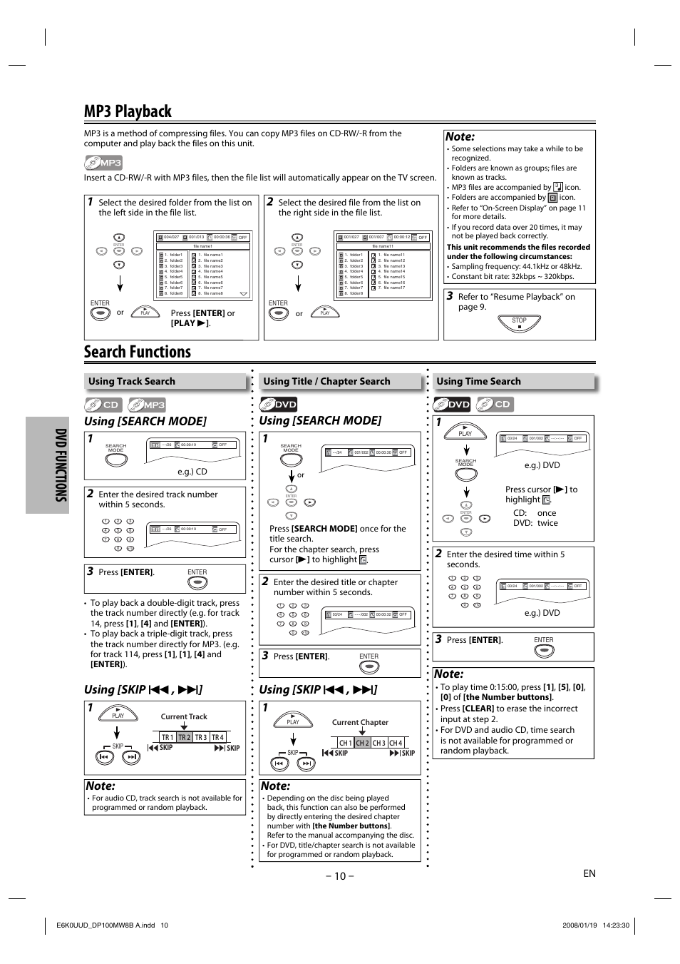 Search functions, Mp3 playback, Dvd functions | Using [search mode, Using [search mode] 1 2, Using [skip h , g, Using time search, Using track search, Using title / chapter search | Philips Magnavox DP100MW8B A User Manual | Page 10 / 20