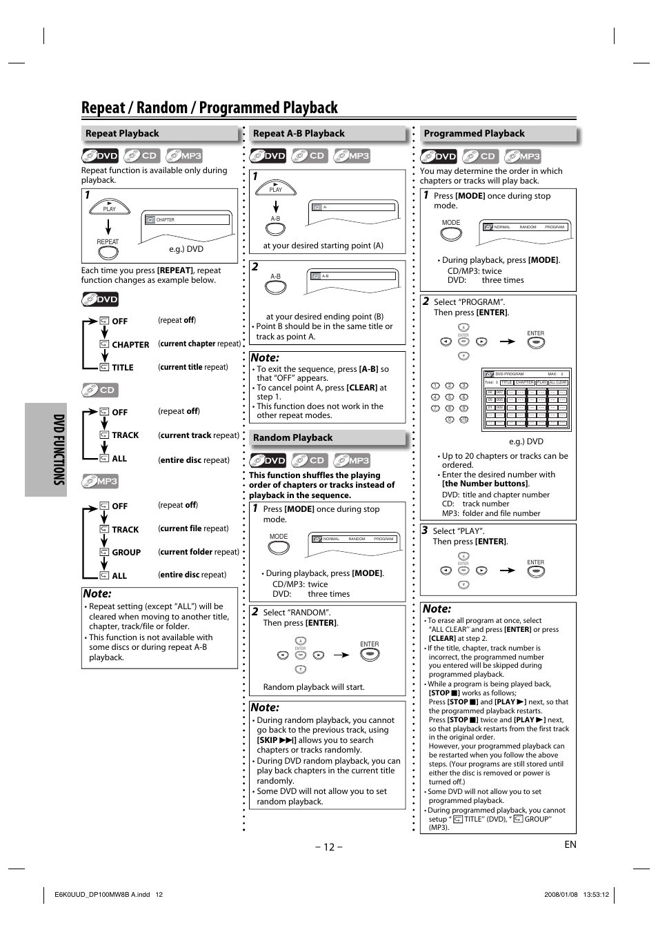 Repeat / random / programmed playback, Dvd functions, Repeat playback | Repeat a-b playback programmed playback, Random playback | Philips Magnavox DP100MW8B A User Manual | Page 12 / 20