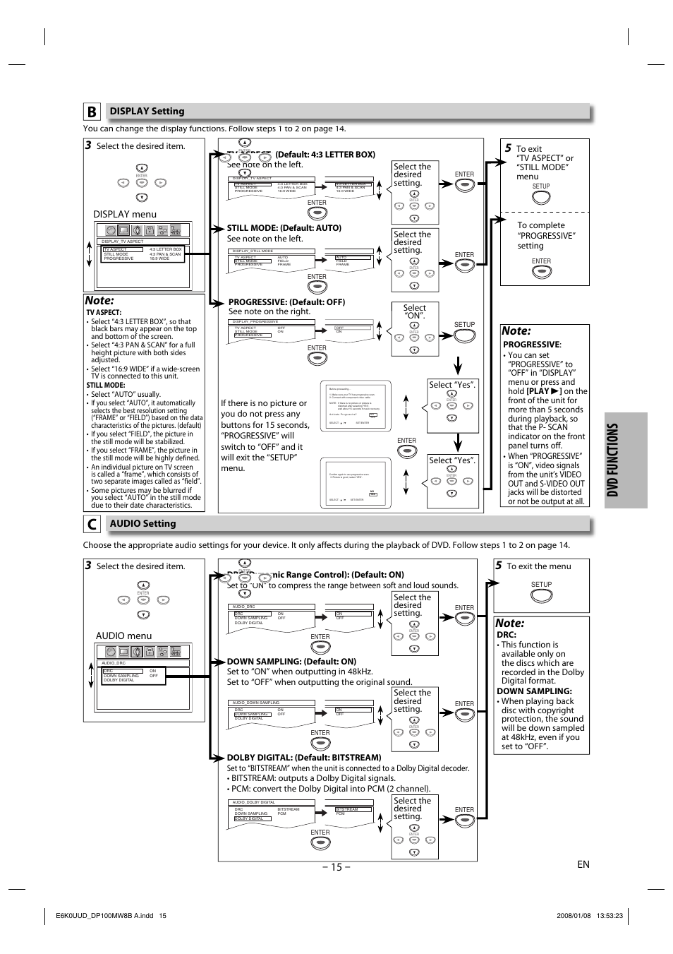 Dvd functions, Display menu, Audio menu | Display setting, Audio setting | Philips Magnavox DP100MW8B A User Manual | Page 15 / 20