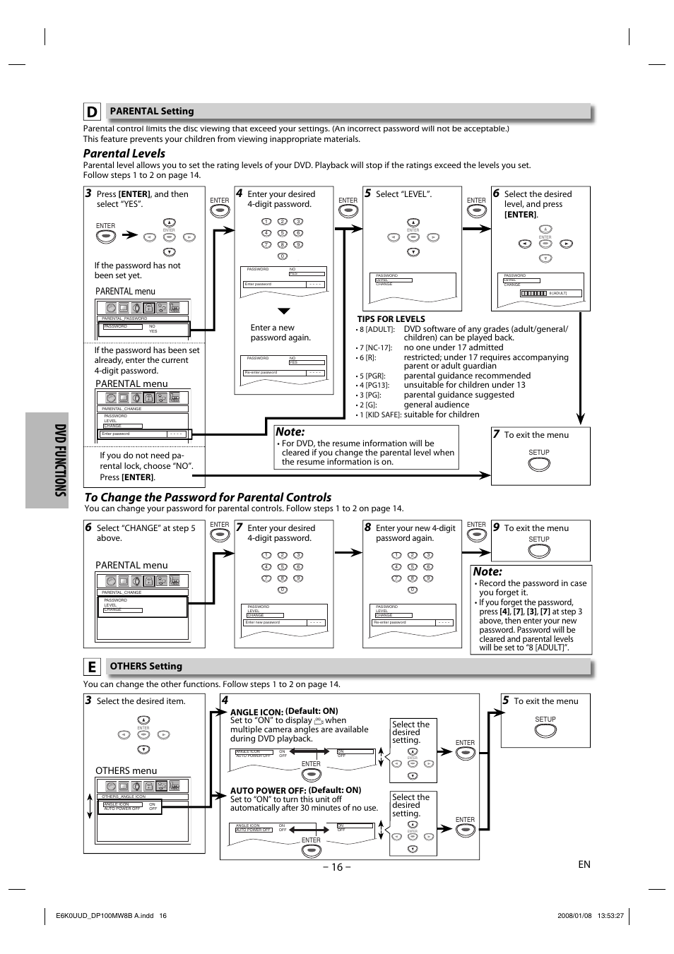 Dvd functions, Parental levels, Parental menu | Others menu, Parental setting, Others setting | Philips Magnavox DP100MW8B A User Manual | Page 16 / 20
