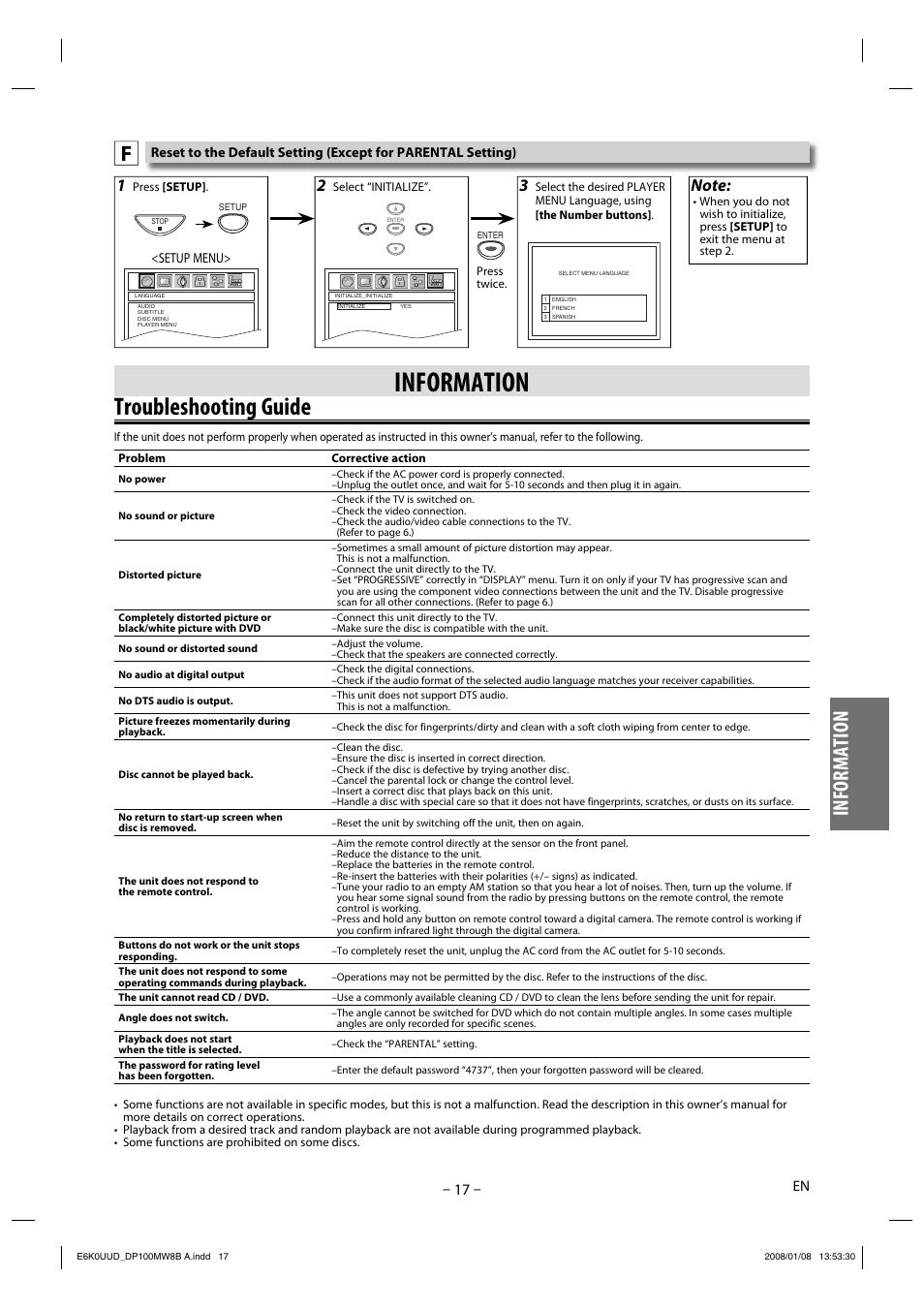 Troubleshooting guide, Information | Philips Magnavox DP100MW8B A User Manual | Page 17 / 20