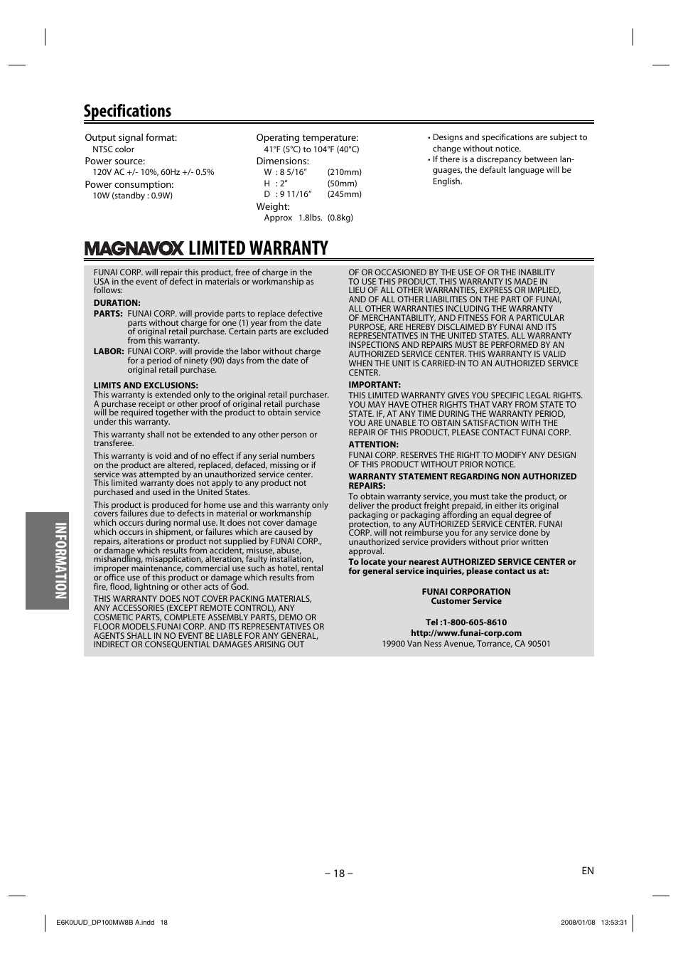 Limited warranty, Specifications, Information | Philips Magnavox DP100MW8B A User Manual | Page 18 / 20