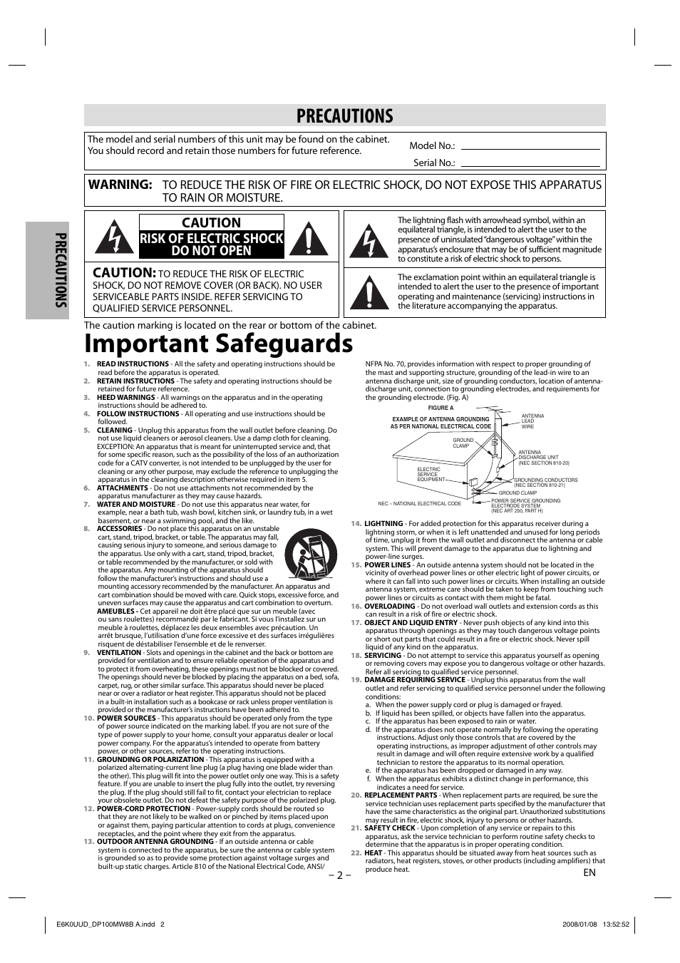 Important safeguards, Precautions, Caution | Caution risk of electric shock do not open, Warning | Philips Magnavox DP100MW8B A User Manual | Page 2 / 20