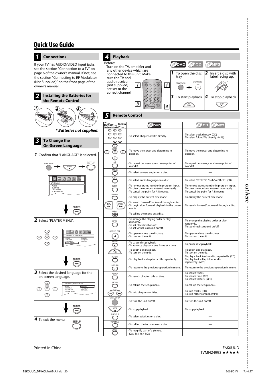 Quick use guide, Cut here, Connections | Playback, Remote control, Installing the batteries for the remote control, Batteries not supplied | Philips Magnavox DP100MW8B A User Manual | Page 20 / 20