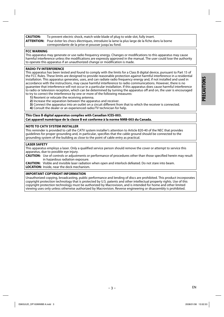 Precautions | Philips Magnavox DP100MW8B A User Manual | Page 3 / 20