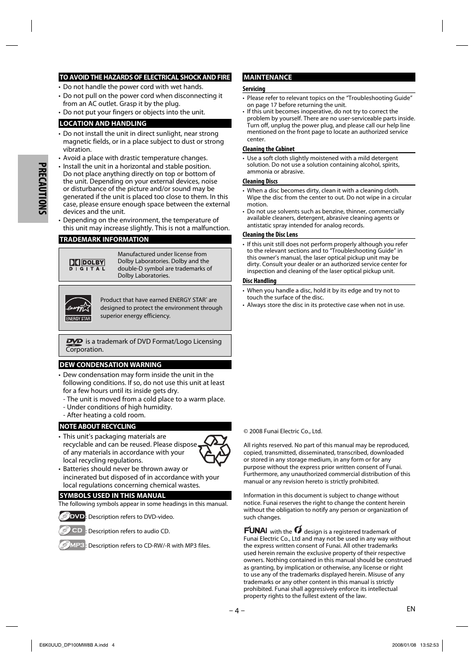Precautions | Philips Magnavox DP100MW8B A User Manual | Page 4 / 20