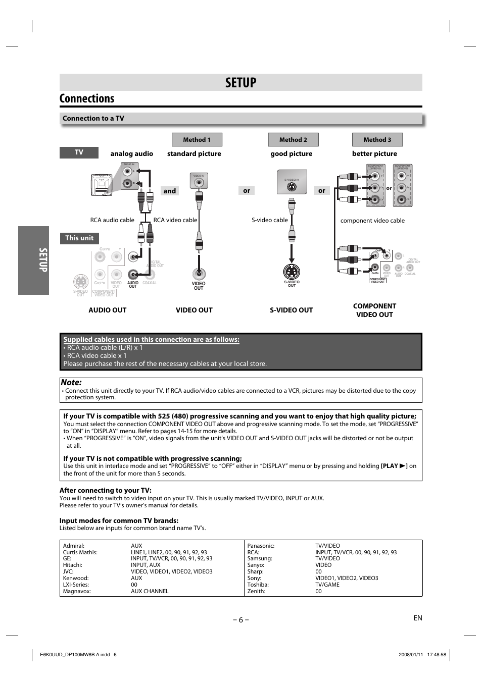Connections, Setup, Connection to a tv | After connecting to your tv, Input modes for common tv brands, Audio in video in l r, Or and, This unit tv | Philips Magnavox DP100MW8B A User Manual | Page 6 / 20