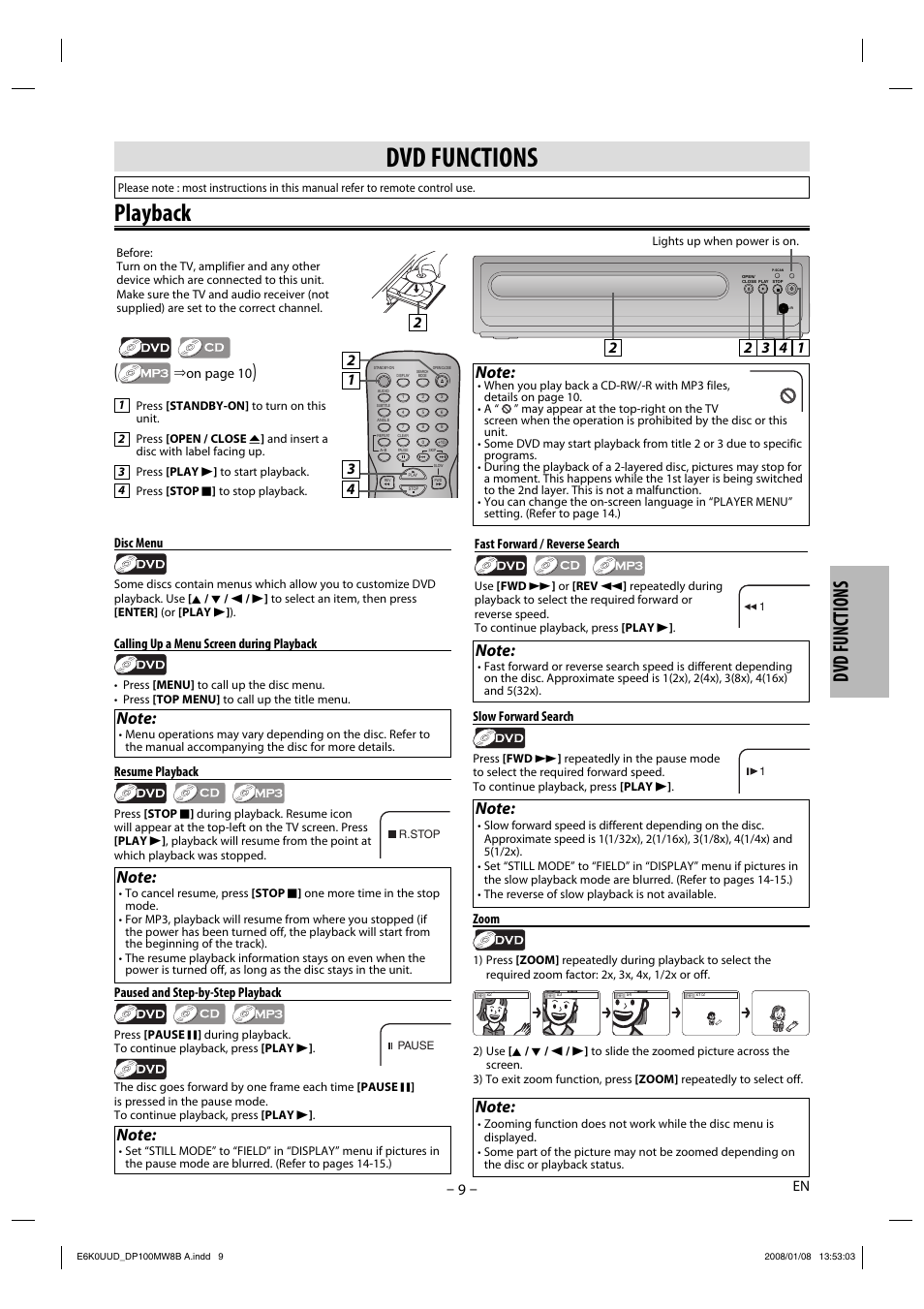 Playback, Dvd functions | Philips Magnavox DP100MW8B A User Manual | Page 9 / 20