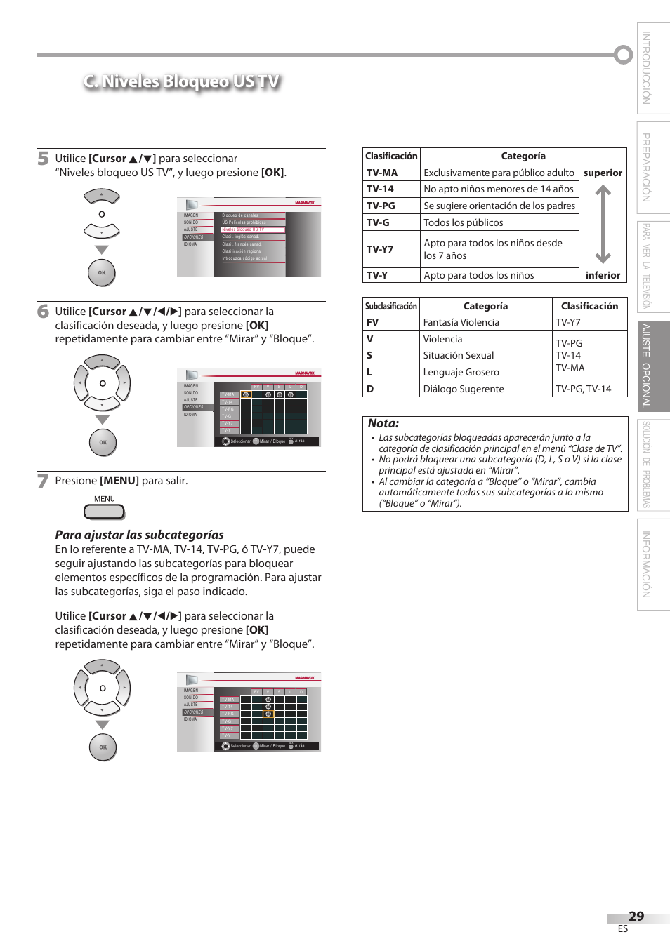 C. niveles bloqueo us tv, Para ajustar las subcategorías, Nota | Presione [menu] para salir | Philips Magnavox 32MF339B User Manual | Page 105 / 115