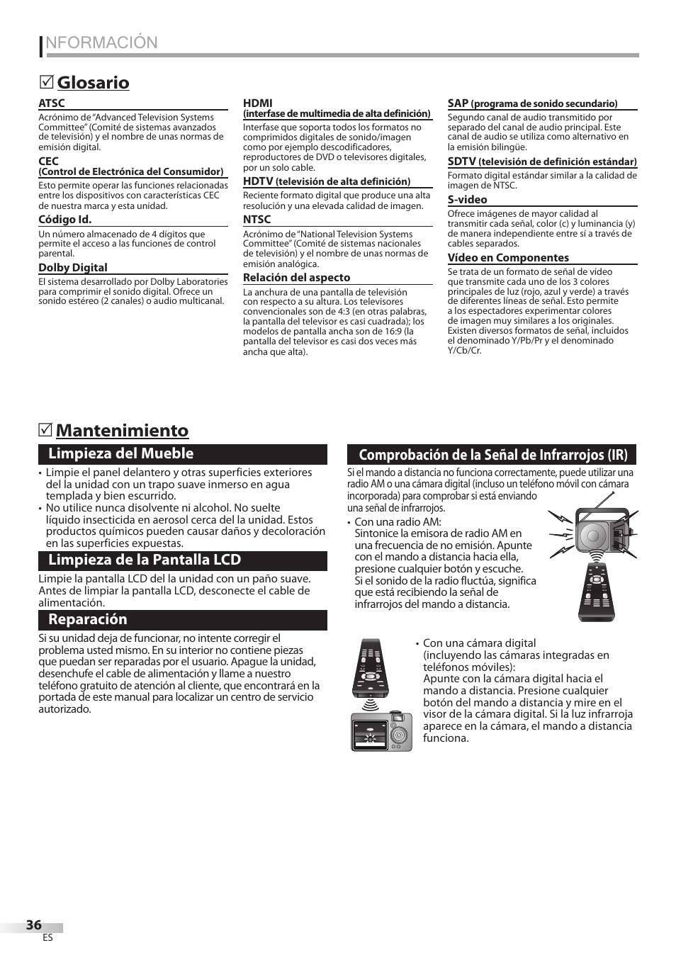 Nformación, Glosario 5 mantenimiento 5, Limpieza del mueble | Limpieza de la pantalla lcd, Reparación, Comprobación de la señal de infrarrojos (ir) | Philips Magnavox 32MF339B User Manual | Page 112 / 115