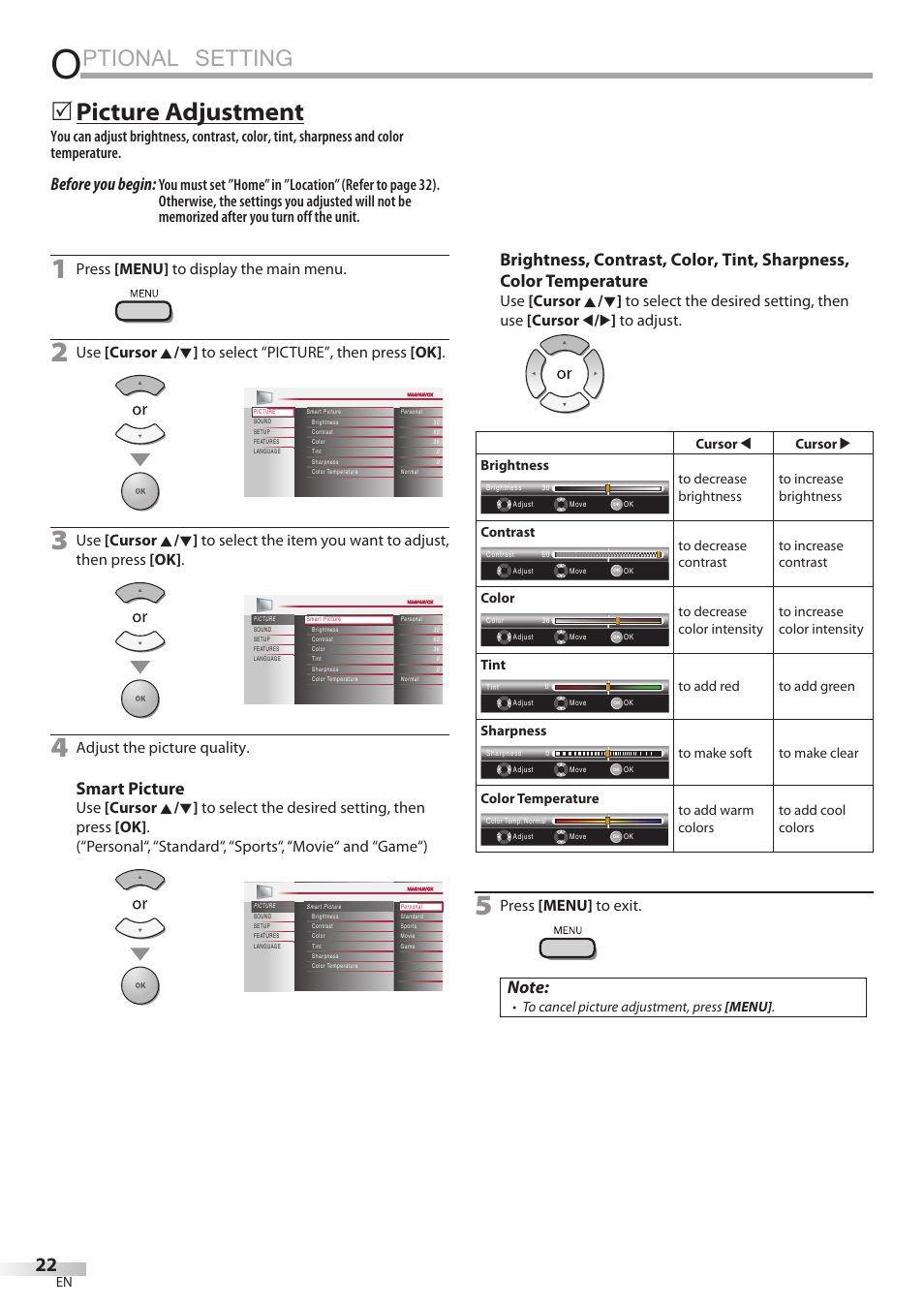 Ptional setting, Picture adjustment, Before you begin | Smart picture, Press [menu] to display the main menu, Adjust the picture quality, Press [menu] to exit | Philips Magnavox 32MF339B User Manual | Page 22 / 115