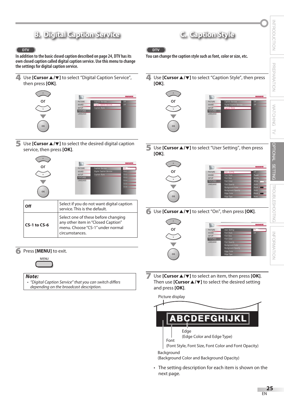 B. digital caption service, C. caption style, Press [menu] to exit | Use [cursor k / l ] to select “on”, then press [ok | Philips Magnavox 32MF339B User Manual | Page 25 / 115