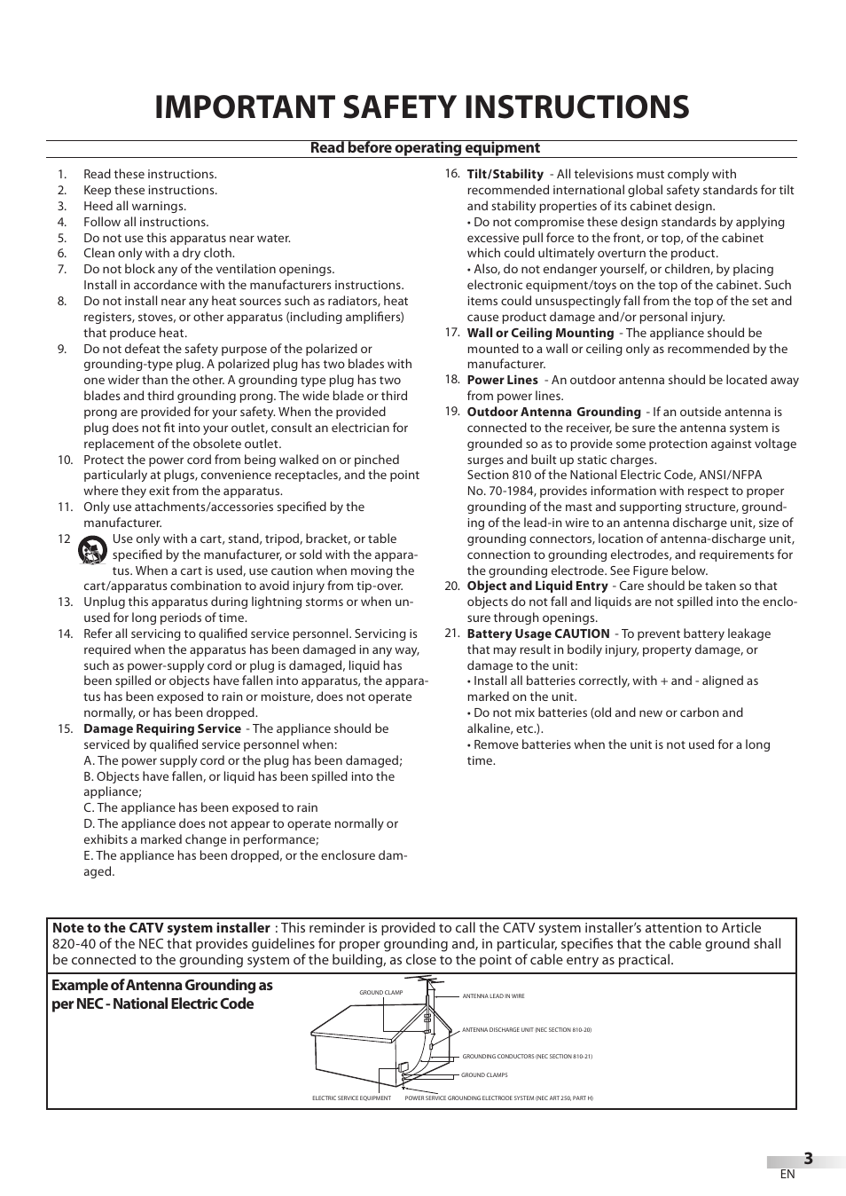 Important safety instructions, Read before operating equipment | Philips Magnavox 32MF339B User Manual | Page 3 / 115