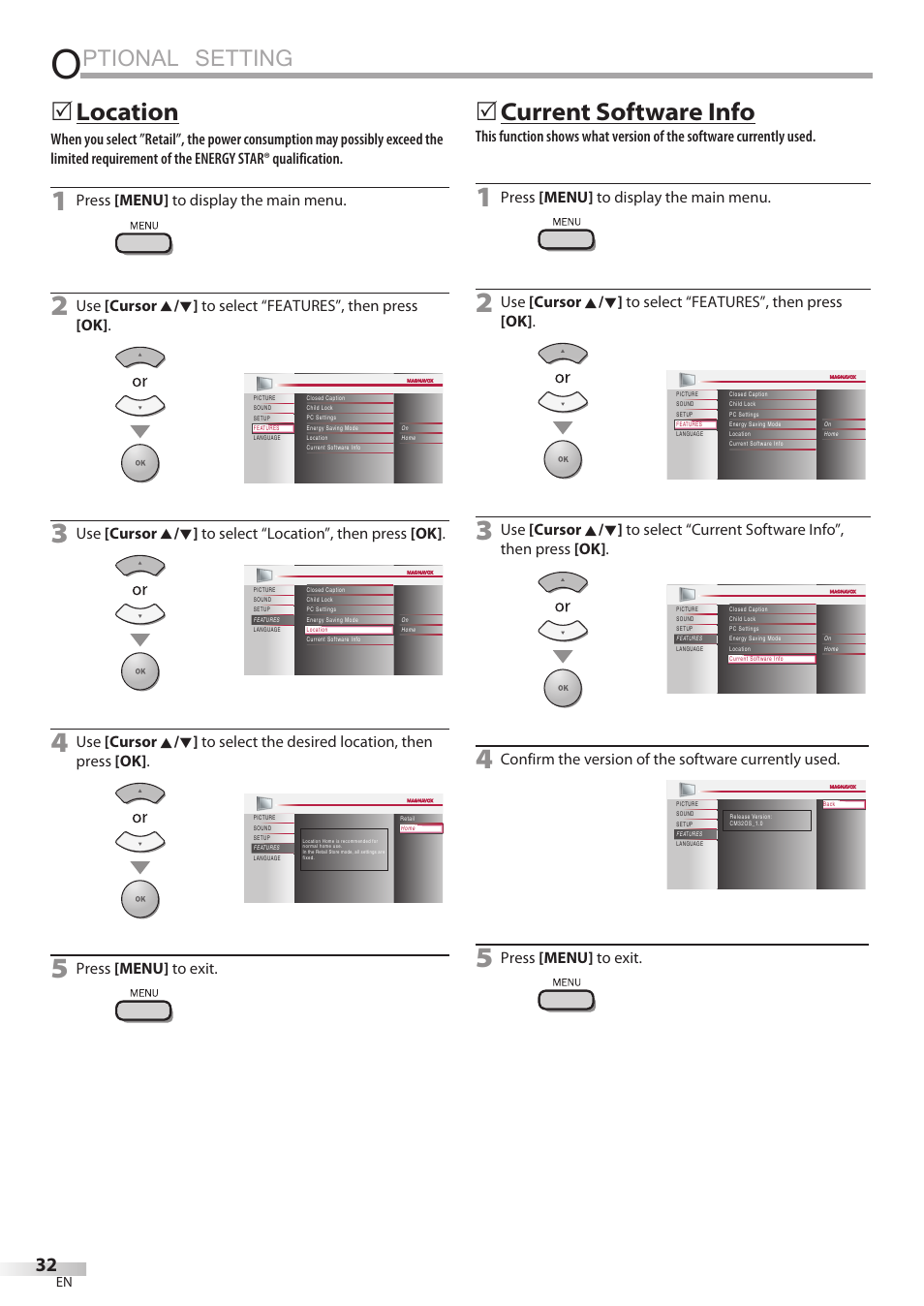 Ptional setting, Location, 5current software info | Press [menu] to display the main menu, Press [menu] to exit, Confirm the version of the software currently used | Philips Magnavox 32MF339B User Manual | Page 32 / 115