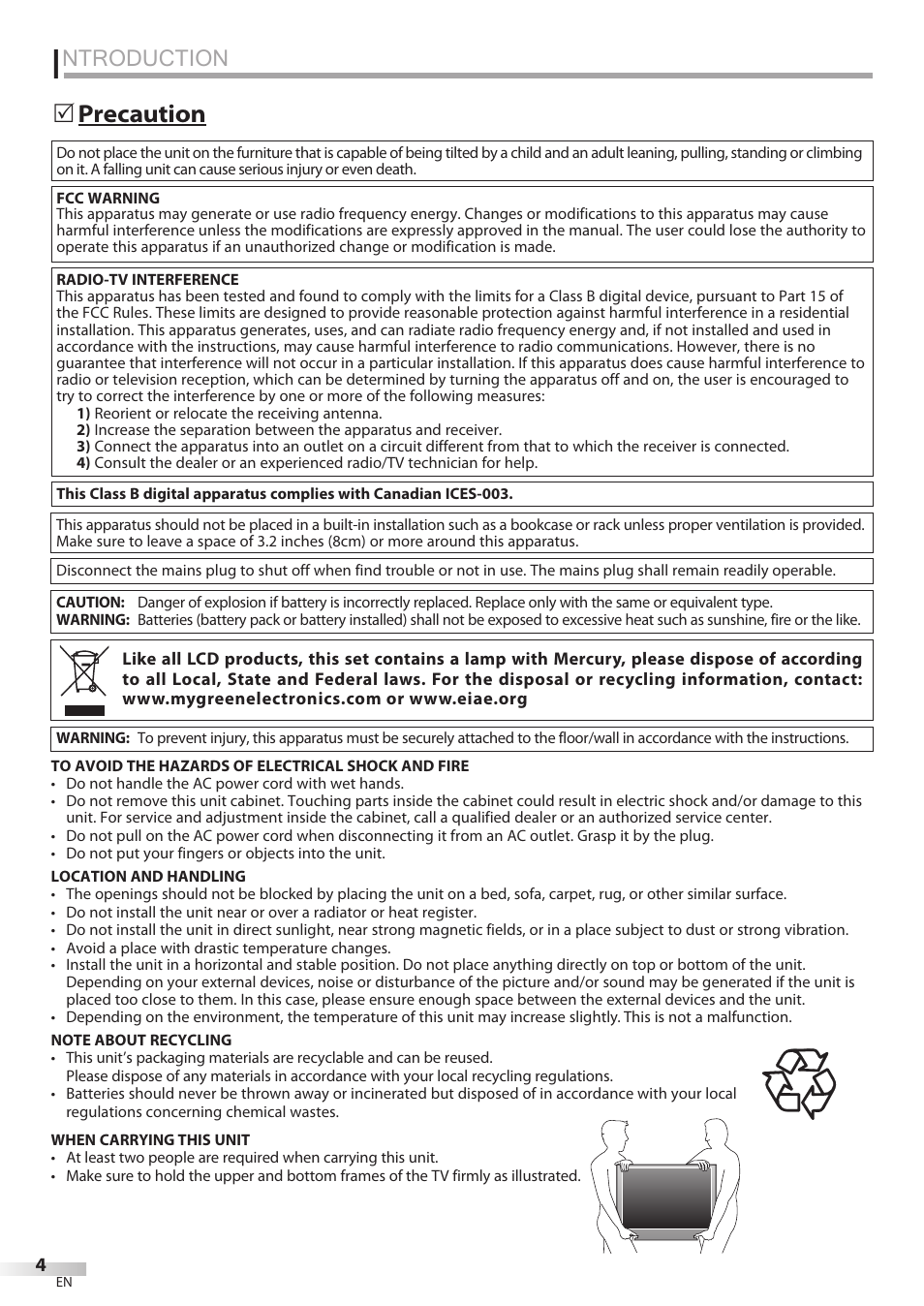 Ntroduction, Precaution 5 | Philips Magnavox 32MF339B User Manual | Page 4 / 115