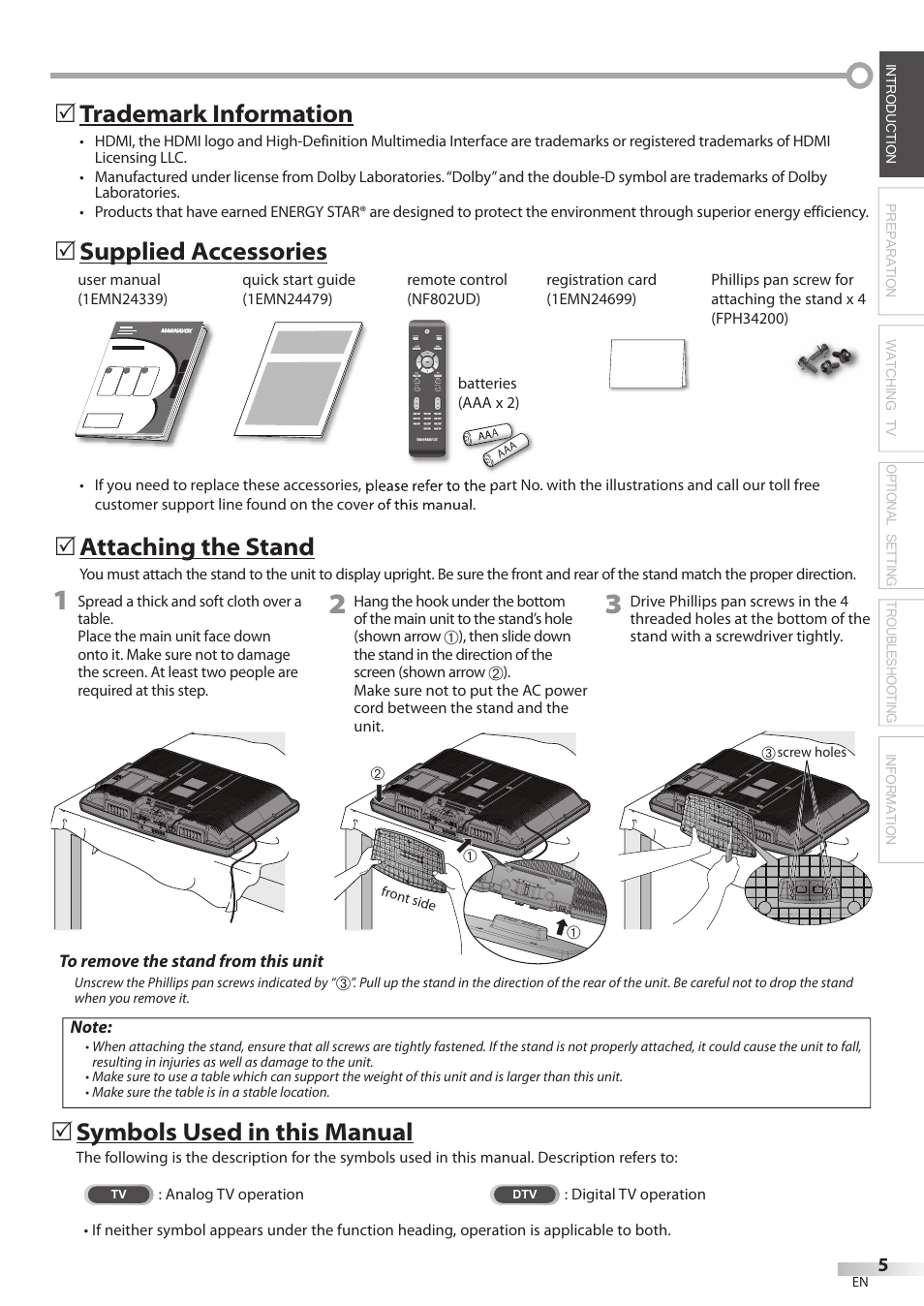 Supplied accessories 5, Attaching the stand, Symbols used in this manual | 5trademark information | Philips Magnavox 32MF339B User Manual | Page 5 / 115