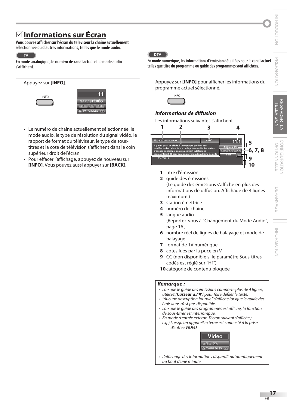 Informations sur écran, Informations de diffusion, Remarque | Video | Philips Magnavox 32MF339B User Manual | Page 55 / 115