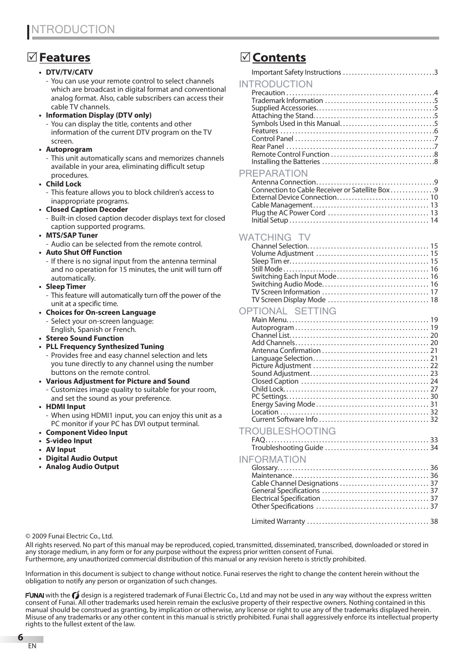 Ntroduction, Introduction, Preparation | Watching tv, Optional setting, Troubleshooting, Information, Contents 5 features 5 | Philips Magnavox 32MF339B User Manual | Page 6 / 115