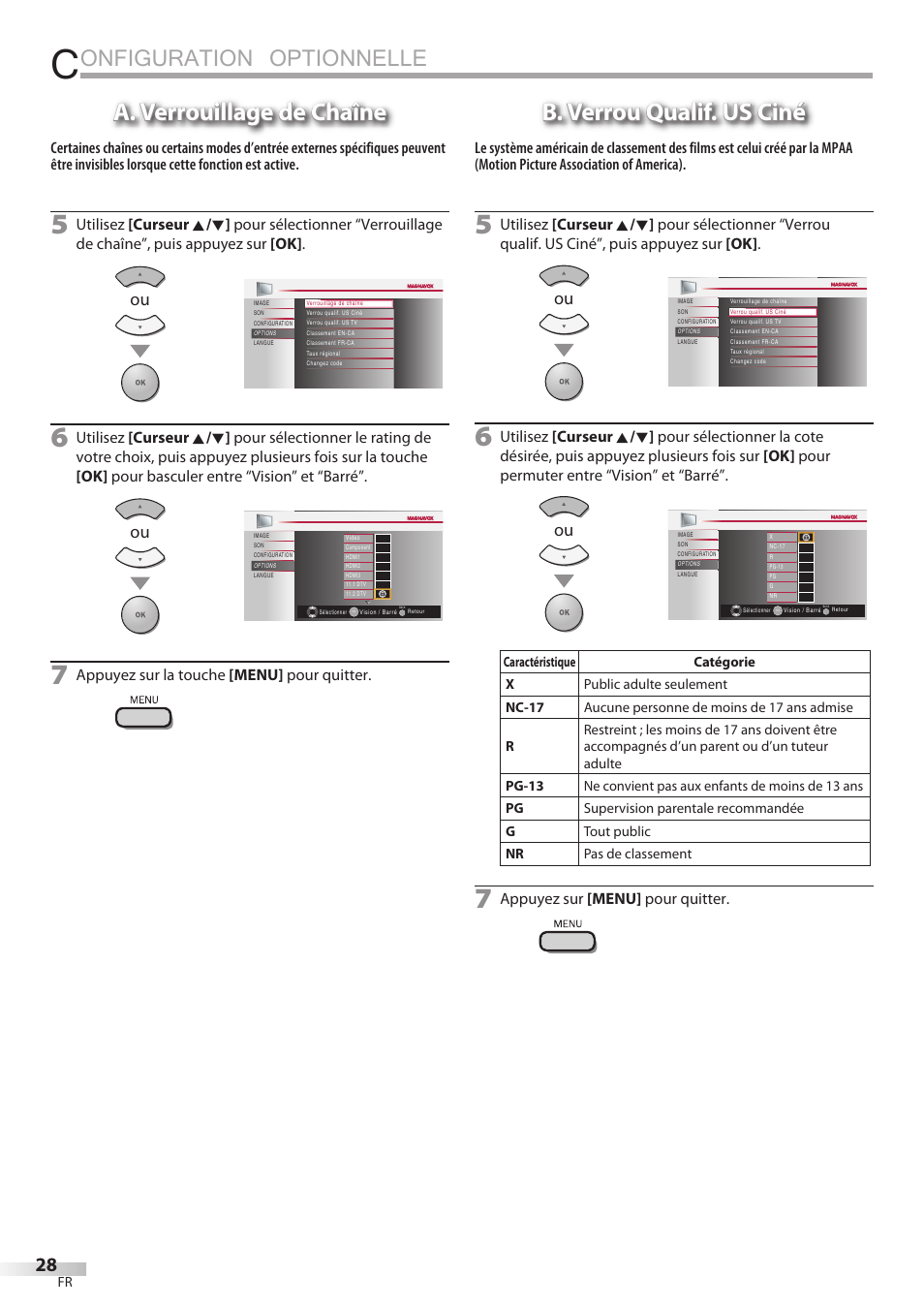 Onfiguration optionnelle, A. verrouillage de chaîne, B. verrou qualif. us ciné | Appuyez sur la touche [menu] pour quitter, Appuyez sur [menu] pour quitter | Philips Magnavox 32MF339B User Manual | Page 66 / 115