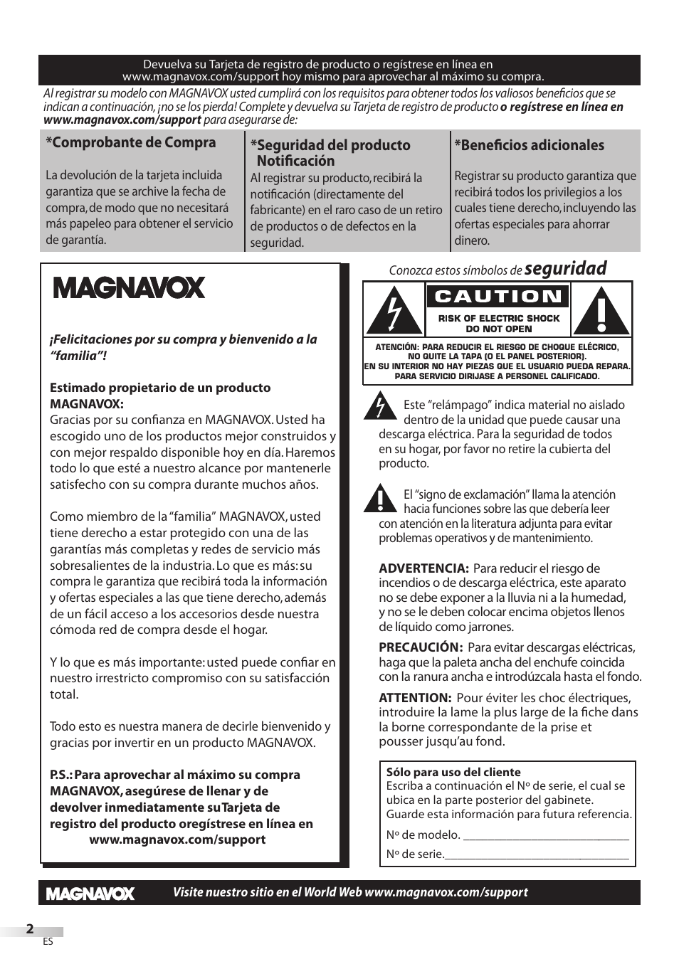 Seguridad, Comprobante de compra, Seguridad del producto notificación | Beneficios adicionales | Philips Magnavox 32MF339B User Manual | Page 78 / 115