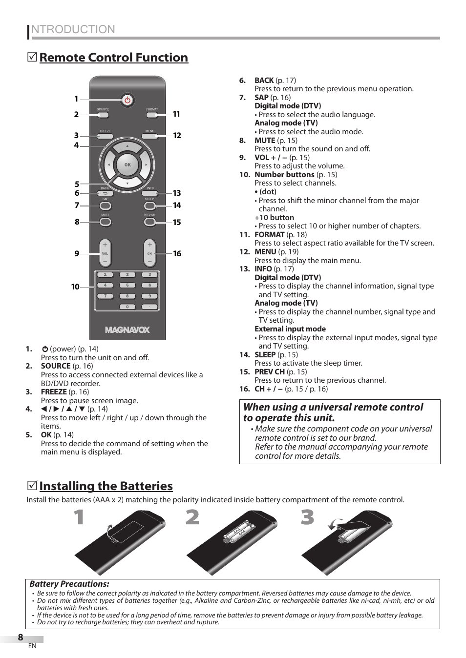 Ntroduction, Remote control function 5, Installing the batteries | Philips Magnavox 32MF339B User Manual | Page 8 / 115