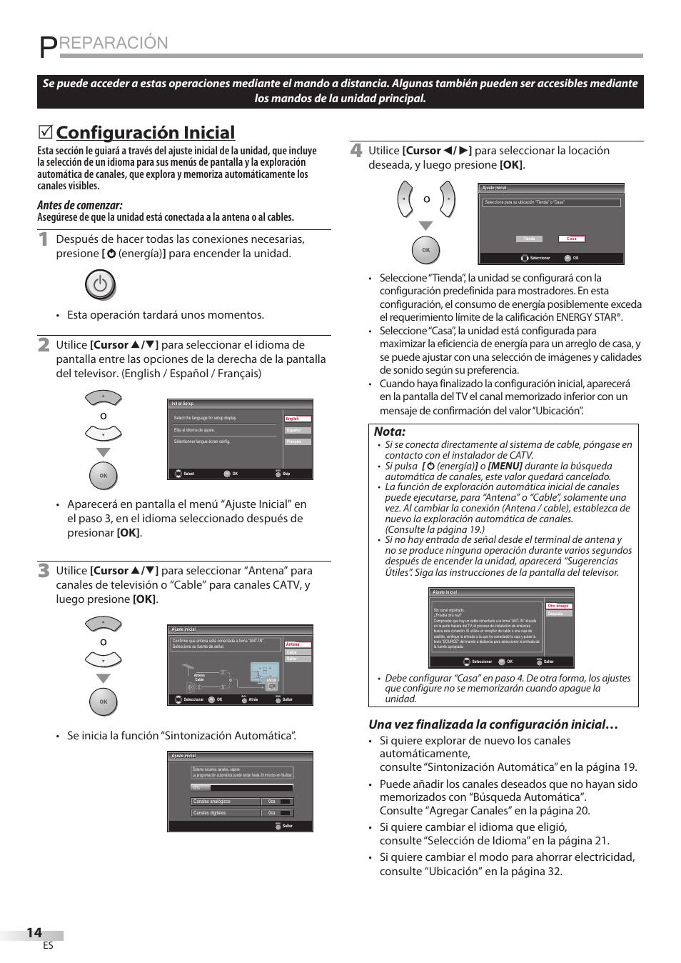 Reparación, Configuración inicial, Antes de comenzar | Nota, Una vez finalizada la configuración inicial, Se inicia la función “sintonización automática | Philips Magnavox 32MF339B User Manual | Page 90 / 115