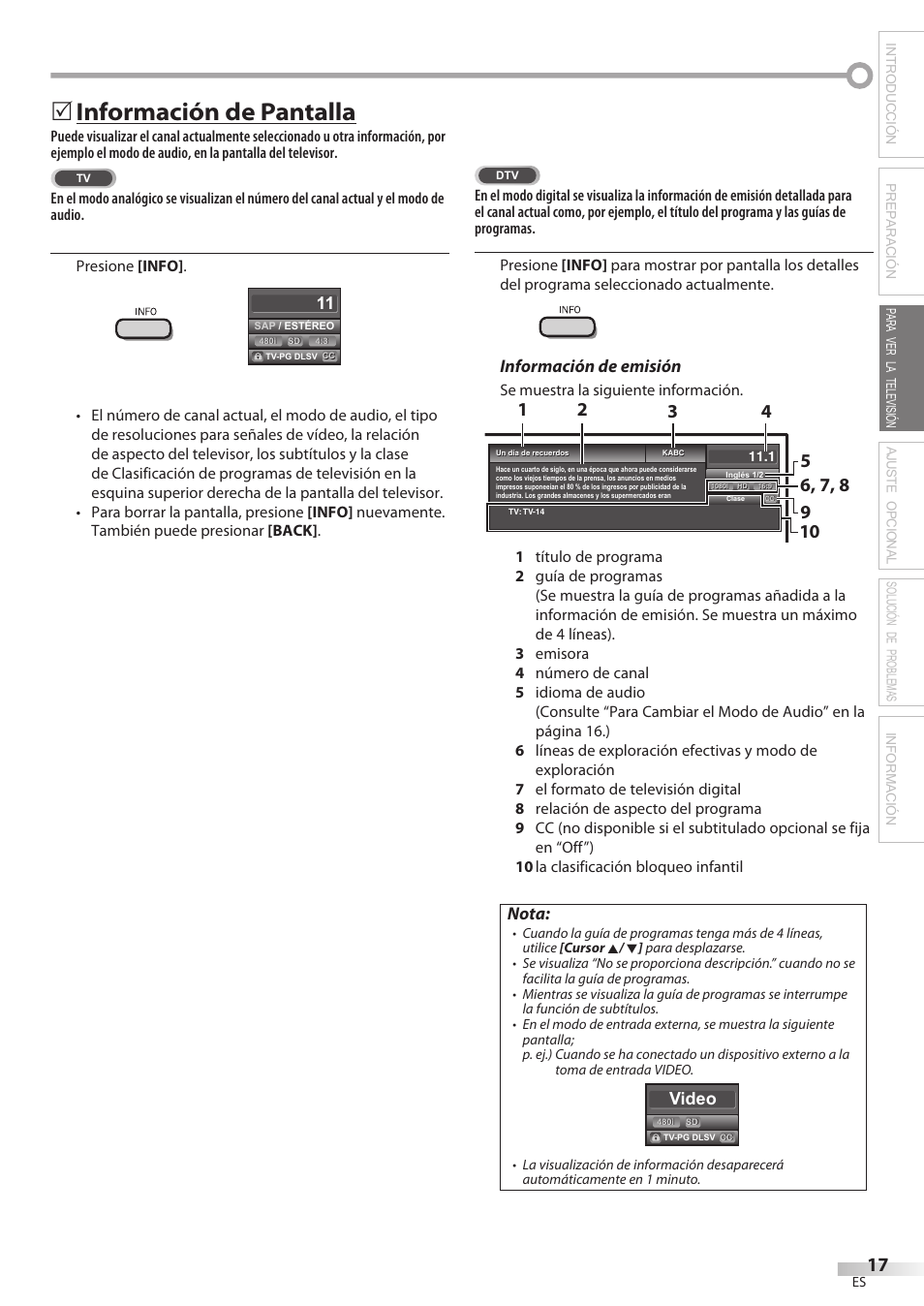 Información de pantalla, Información de emisión, Nota | Video | Philips Magnavox 32MF339B User Manual | Page 93 / 115