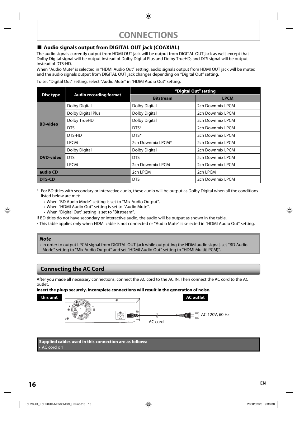 Connections, Connecting the ac cord | Philips Magnavox NB500MG9 User Manual | Page 16 / 50