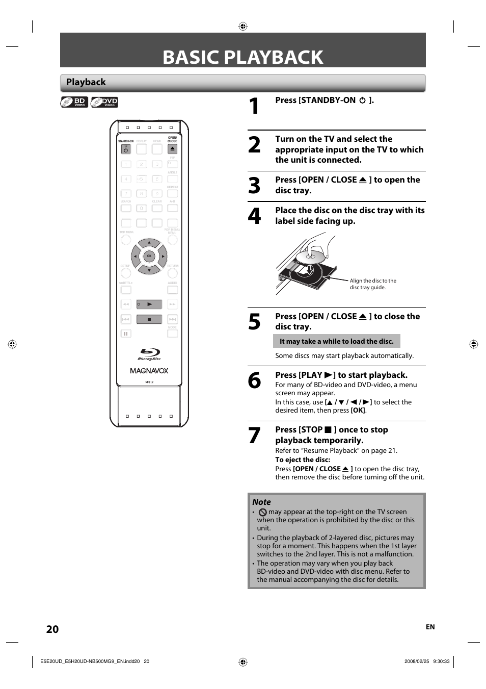 Basic playback | Philips Magnavox NB500MG9 User Manual | Page 20 / 50