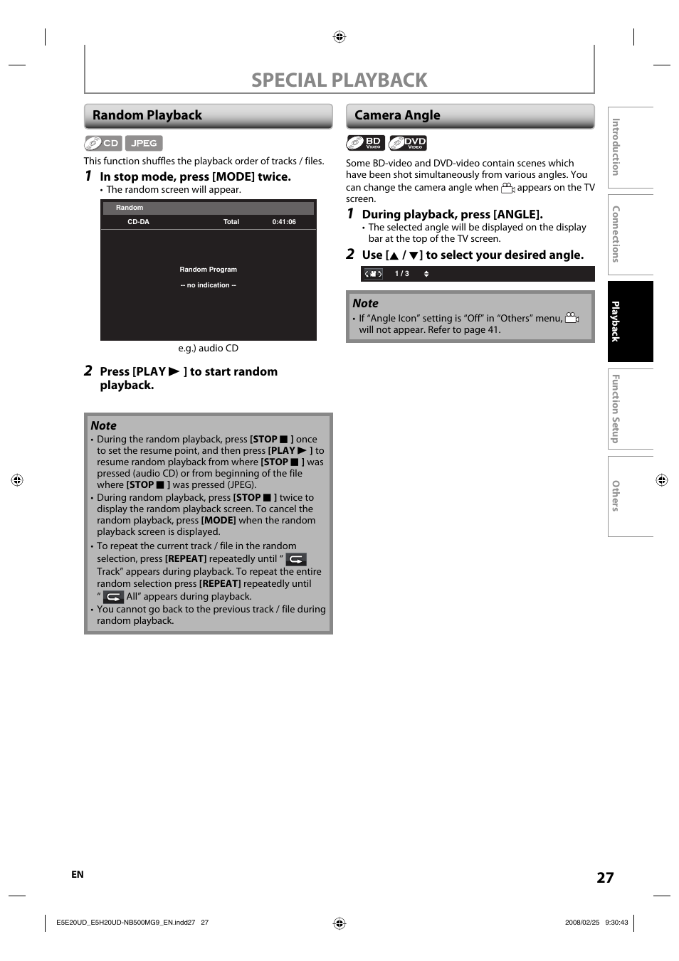 Special playback, Random playback, Camera angle | Philips Magnavox NB500MG9 User Manual | Page 27 / 50