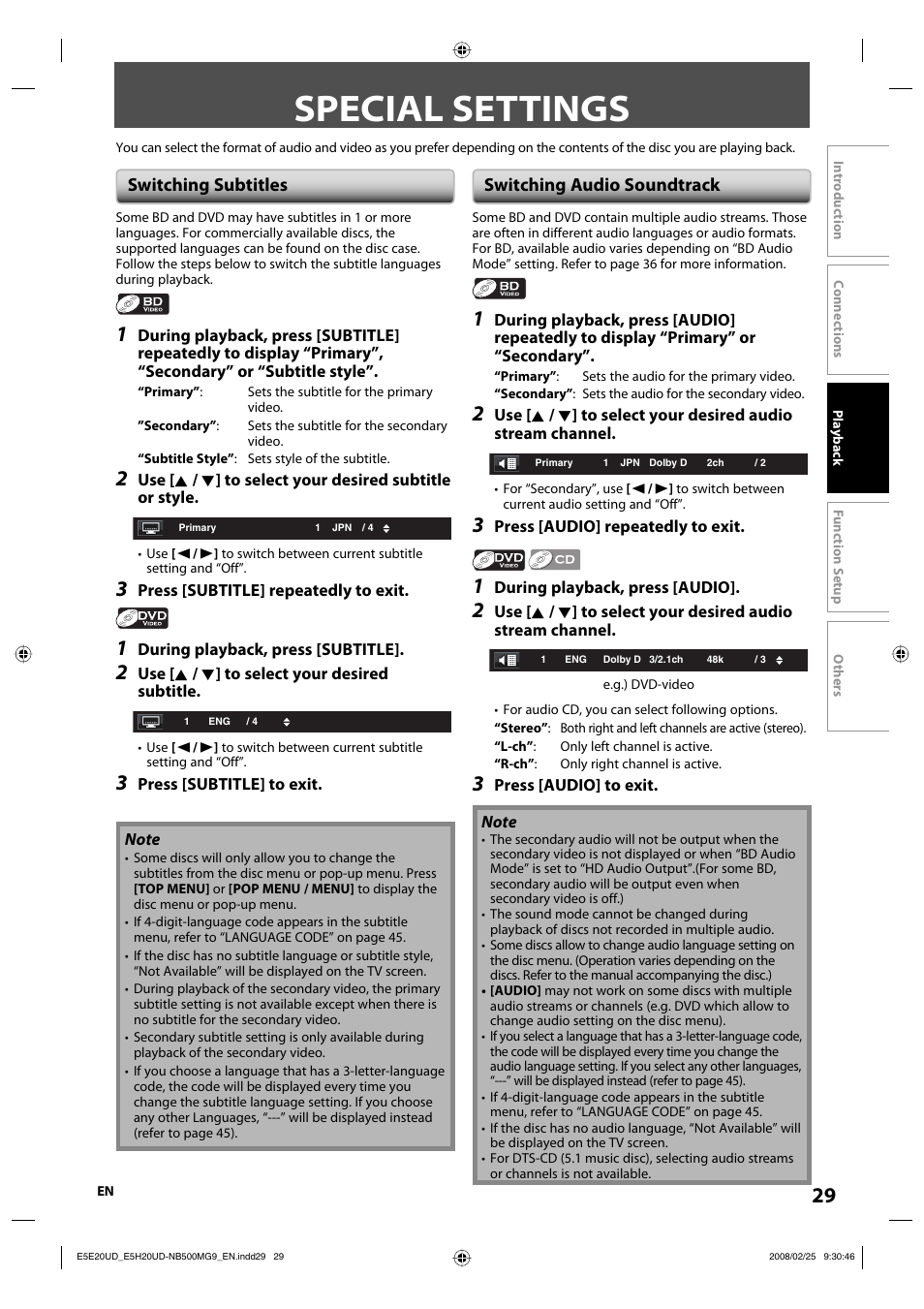 Special settings, Switching subtitles, Switching audio soundtrack | Philips Magnavox NB500MG9 User Manual | Page 29 / 50