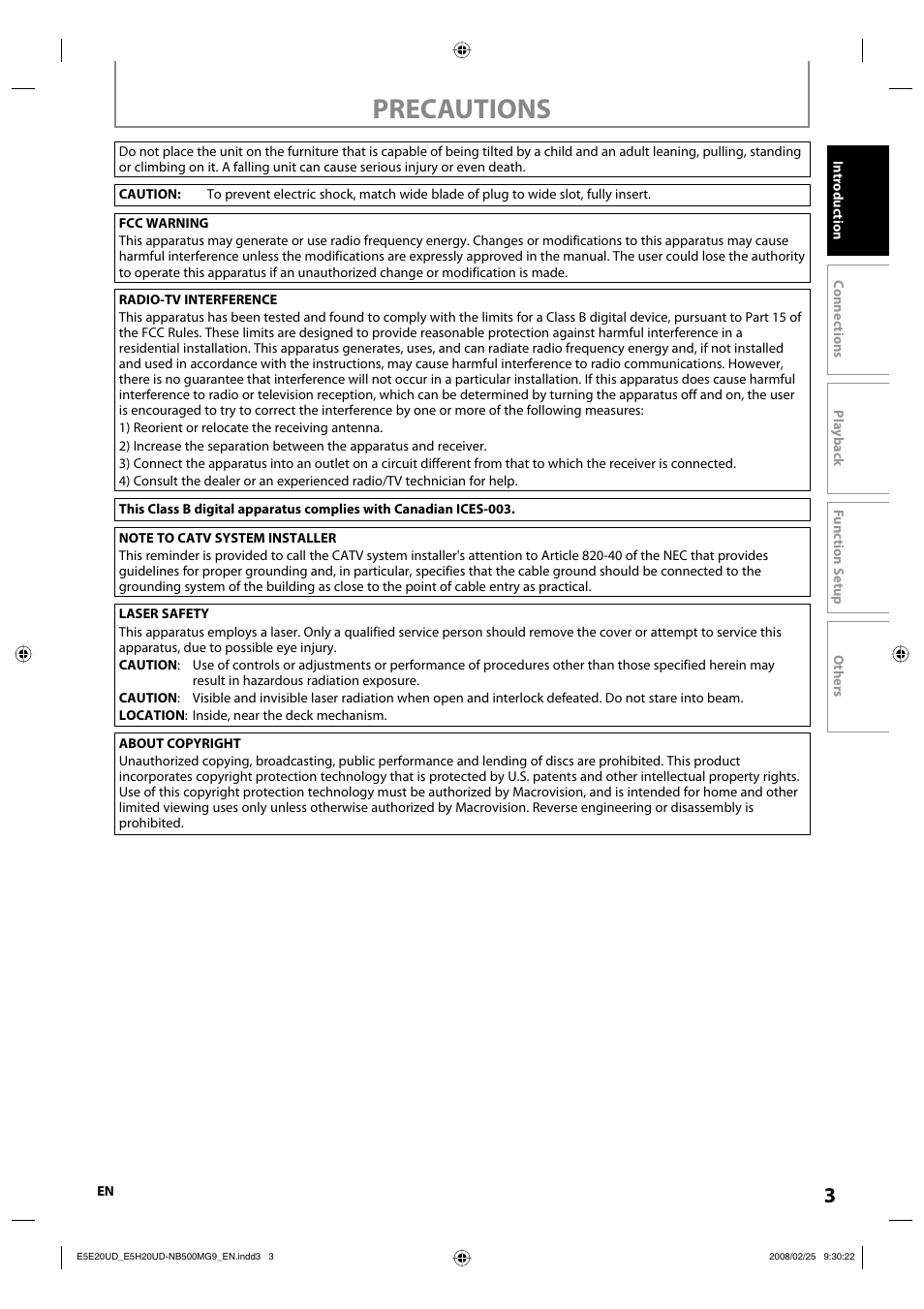 Precautions | Philips Magnavox NB500MG9 User Manual | Page 3 / 50